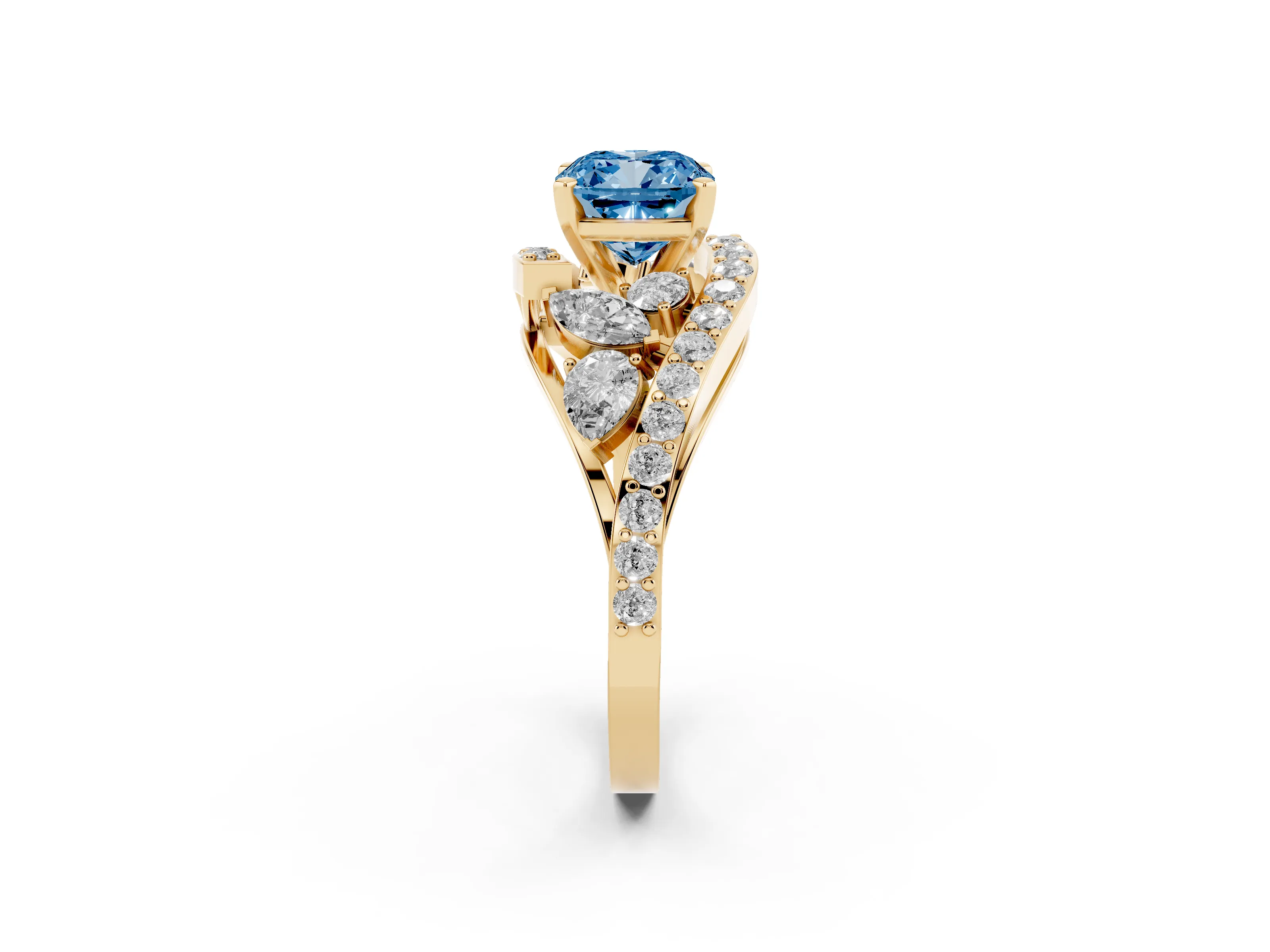 Fancy Blue Cushion Cut Diamond Halo Ring Set in Yellow gold with Marquise and Pavé Band in Prong Setting