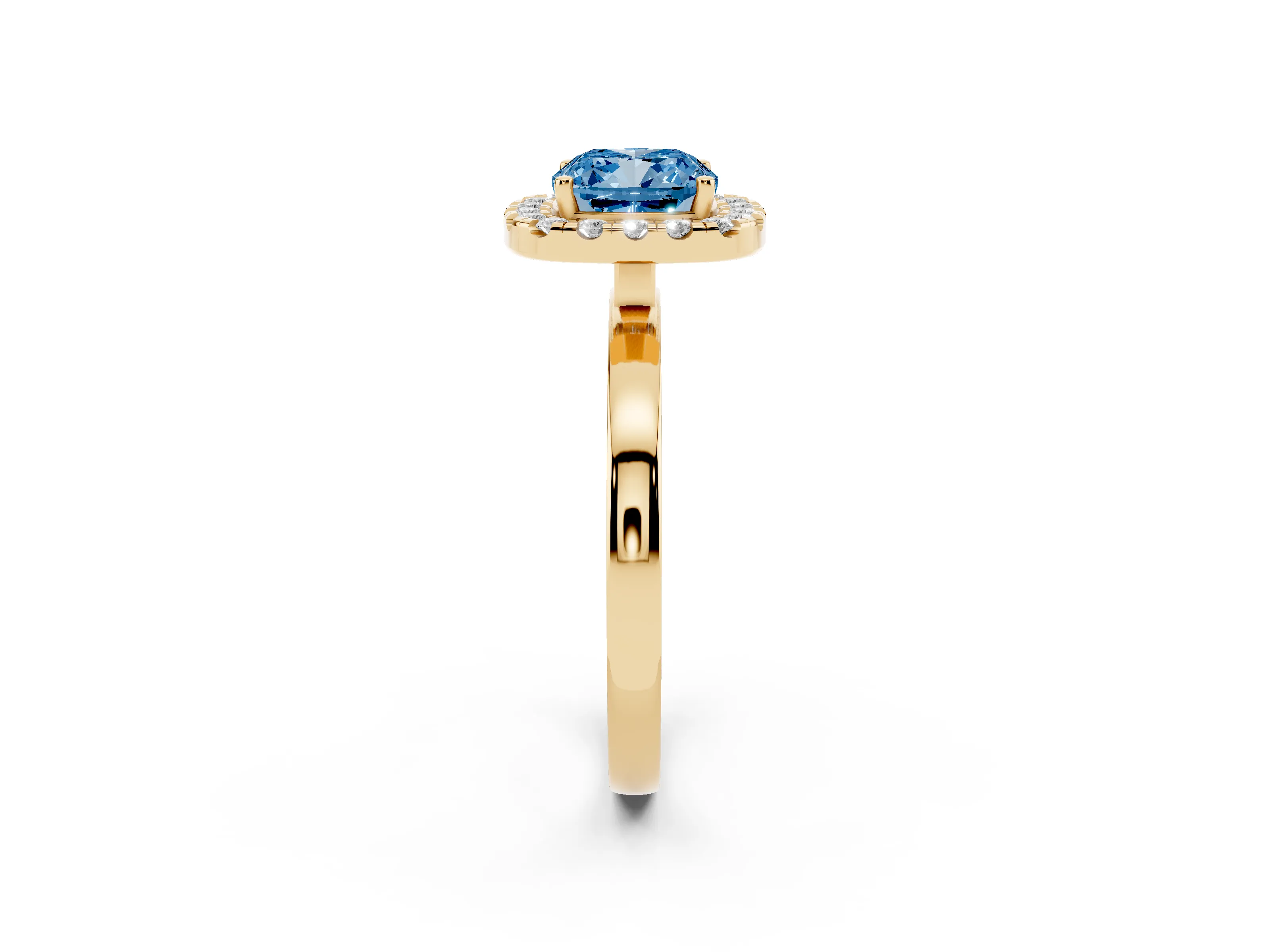 Fancy Blue Cushion Cut Diamond Halo Solitaire Ring Set in Yellow gold with Pavé Band and Prong Setting