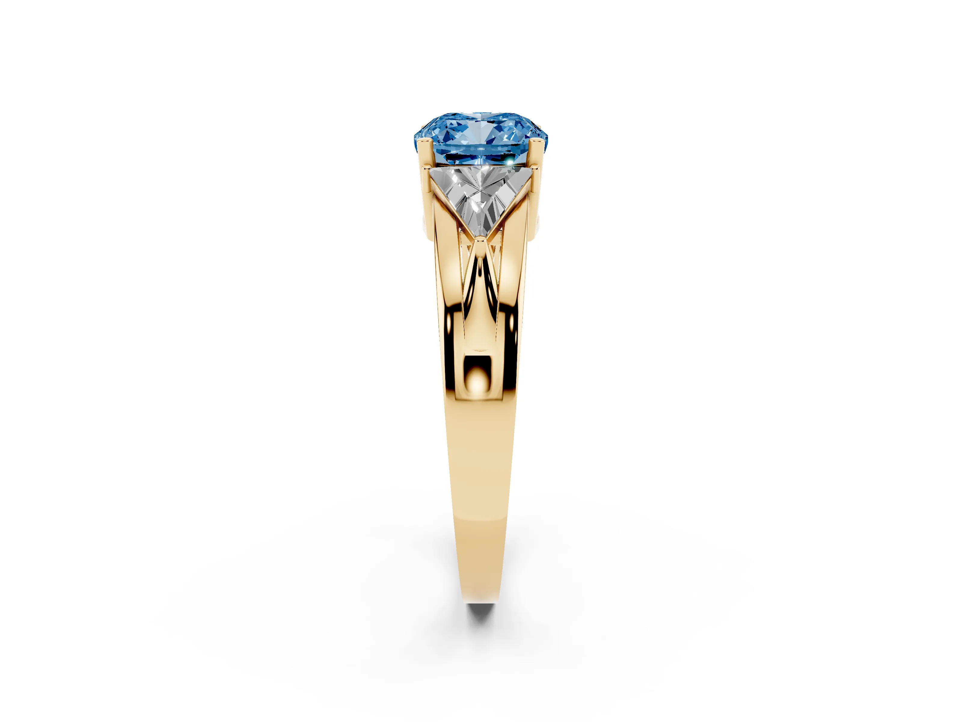 Fancy Blue Cushion Cut Diamond Three-Stone Ring Set in Yellow gold with Trillion Side Stones and Split Shank