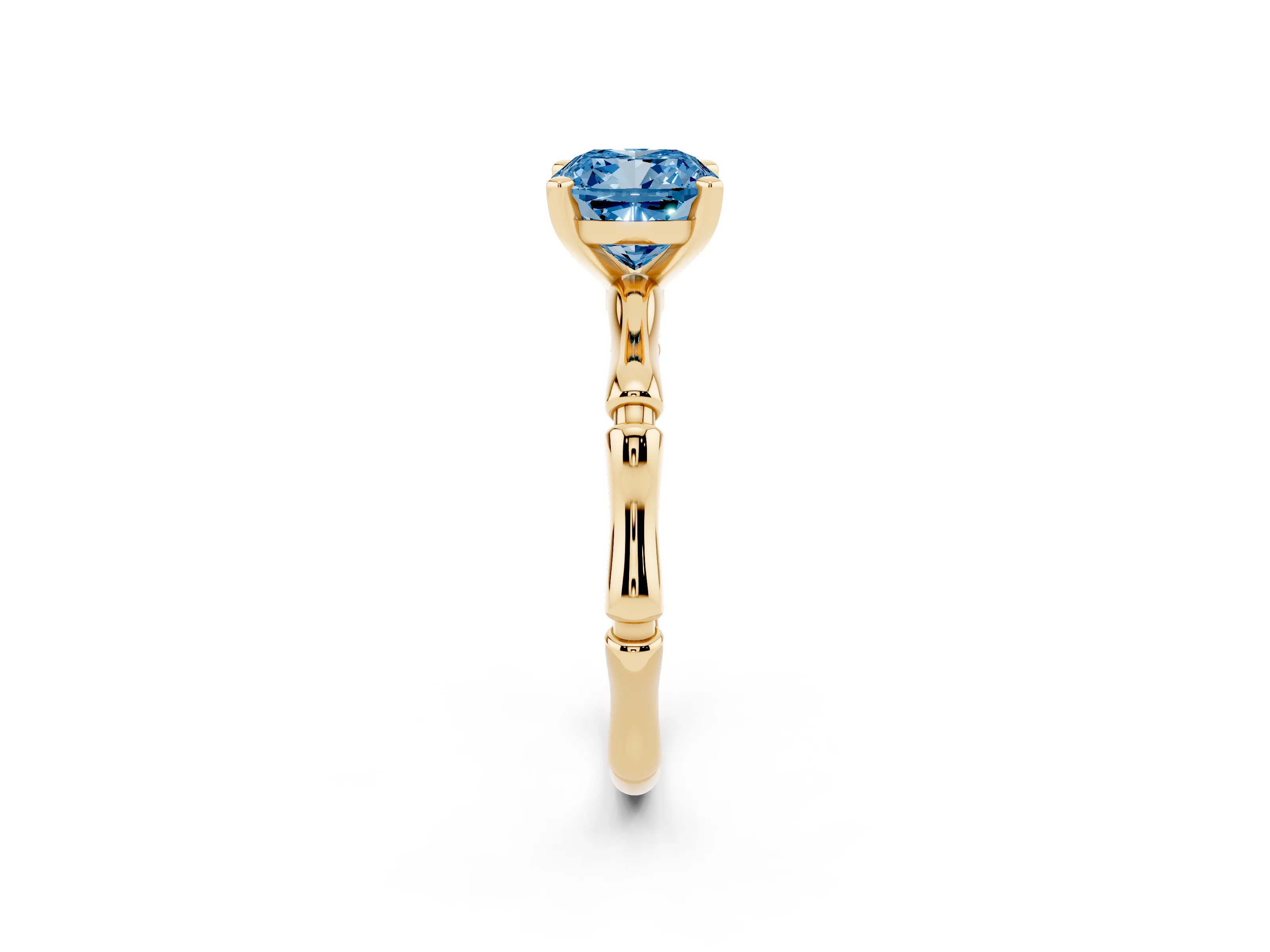 Fancy Blue Cushion Cut Diamond Solitaire Ring Set in Yellow gold with Bamboo Band and Prong Setting