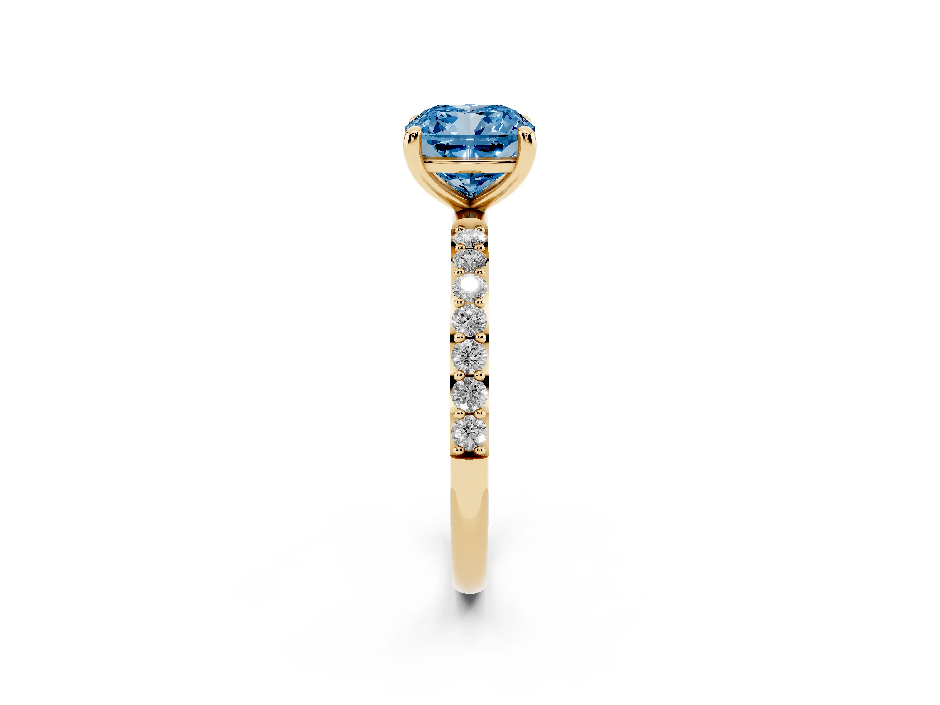 Fancy Blue Cushion Cut Diamond Solitaire Ring Set in Yellow gold with Round Pavé Band and Prong Setting