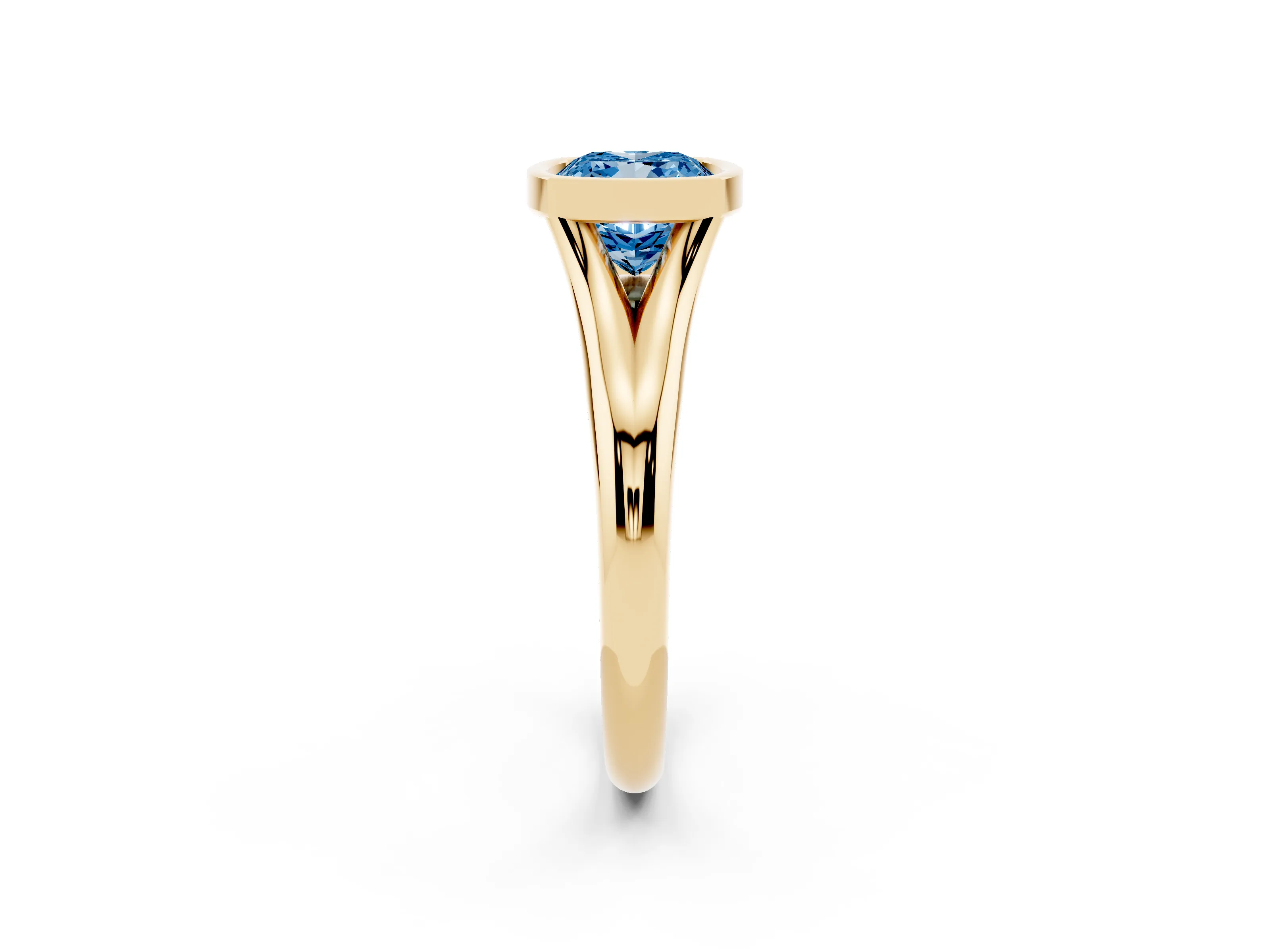 Fancy Blue Bezel Set Cushion Cut Diamond Solitaire Ring Set in Yellow gold with Smooth Band