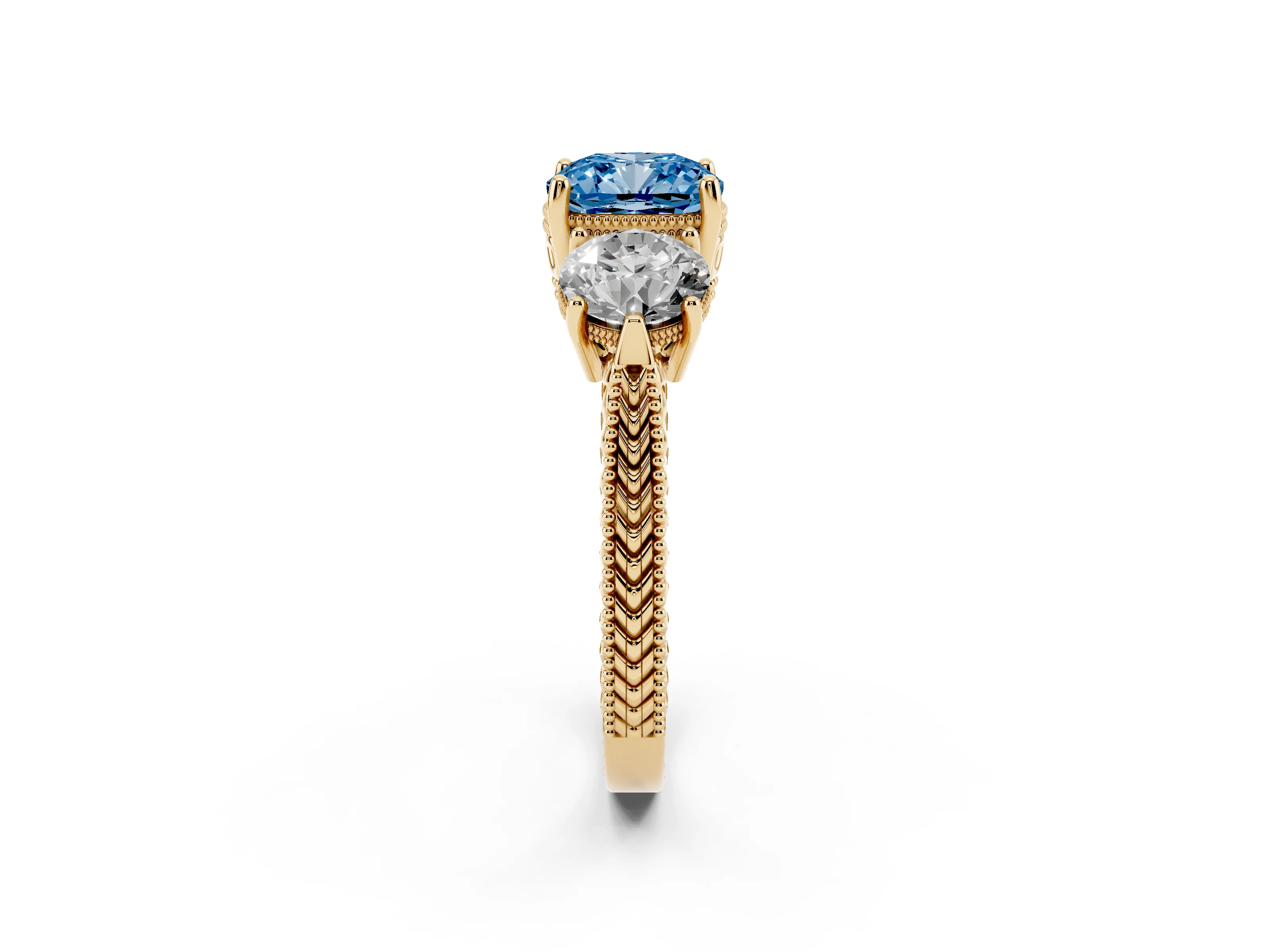 Fancy Blue Cushion Cut Diamond Three-Stone Ring Set in Yellow gold with Milgrain Band