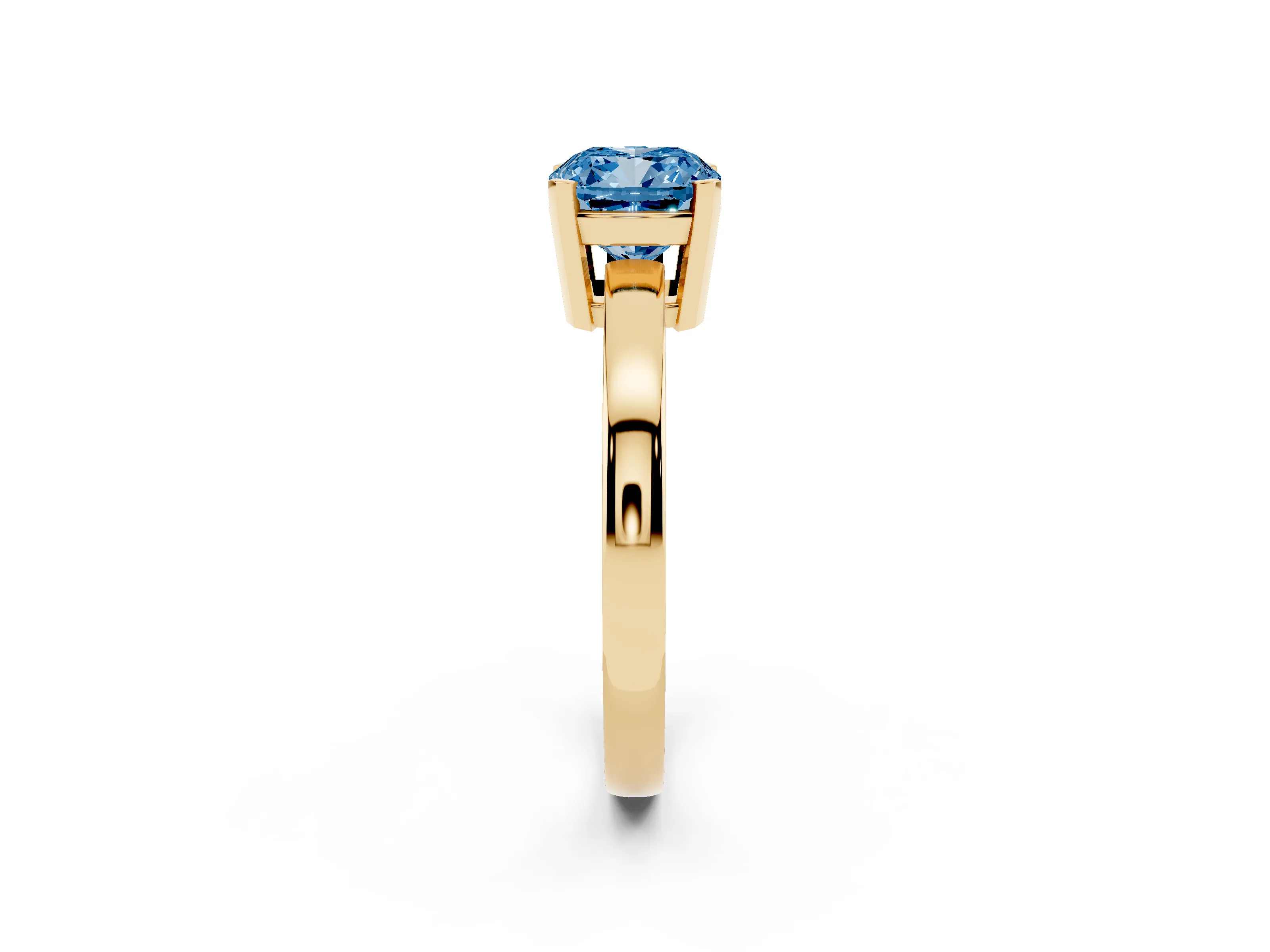 Fancy Blue Cushion Cut Diamond Solitaire Ring Set in Yellow gold with Prong Head and Smooth Polished Band