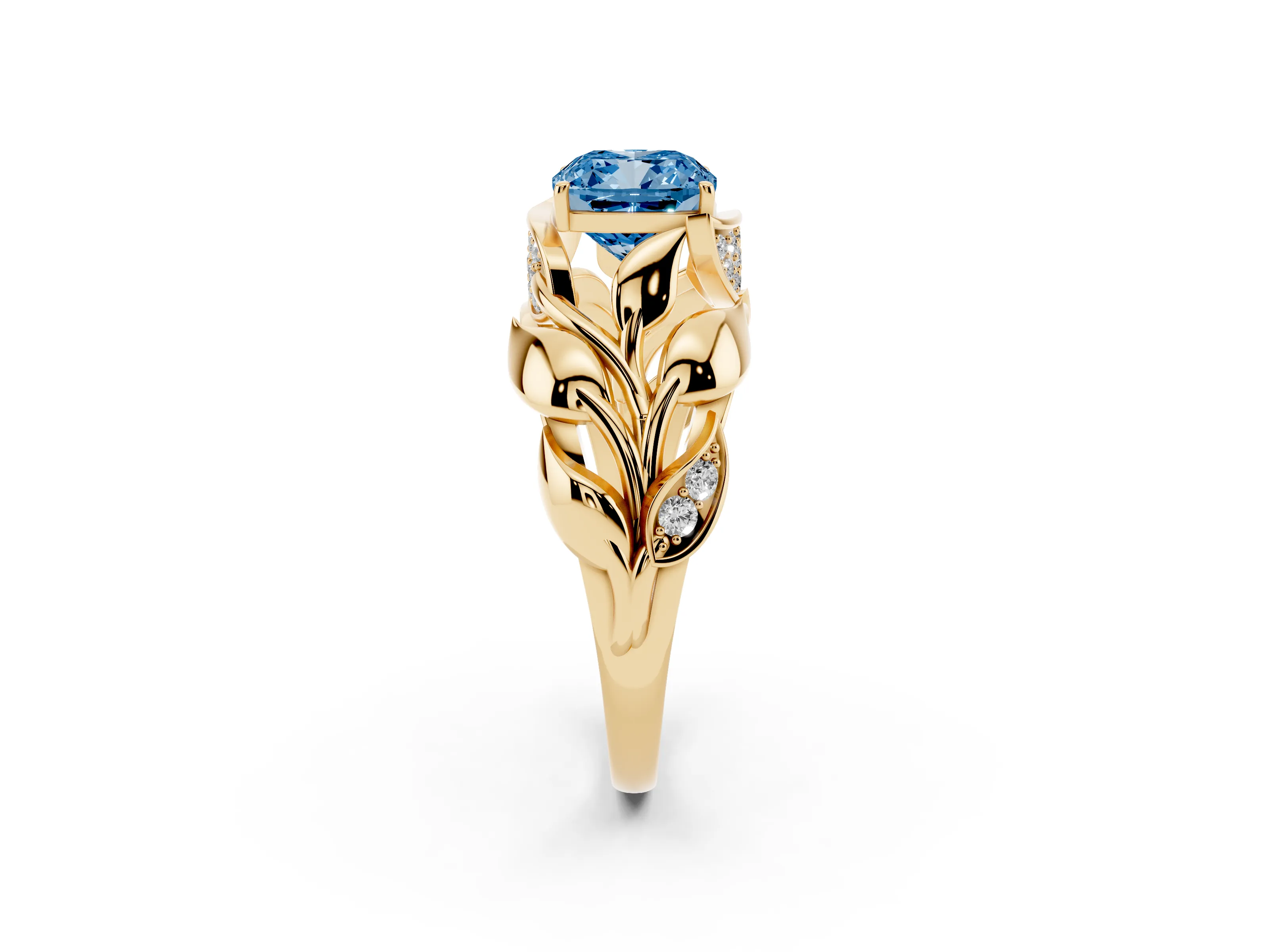 Fancy Blue Cushion Cut Diamond Leaf-Inspired Engagement Ring Set in Yellow gold with Round Accents