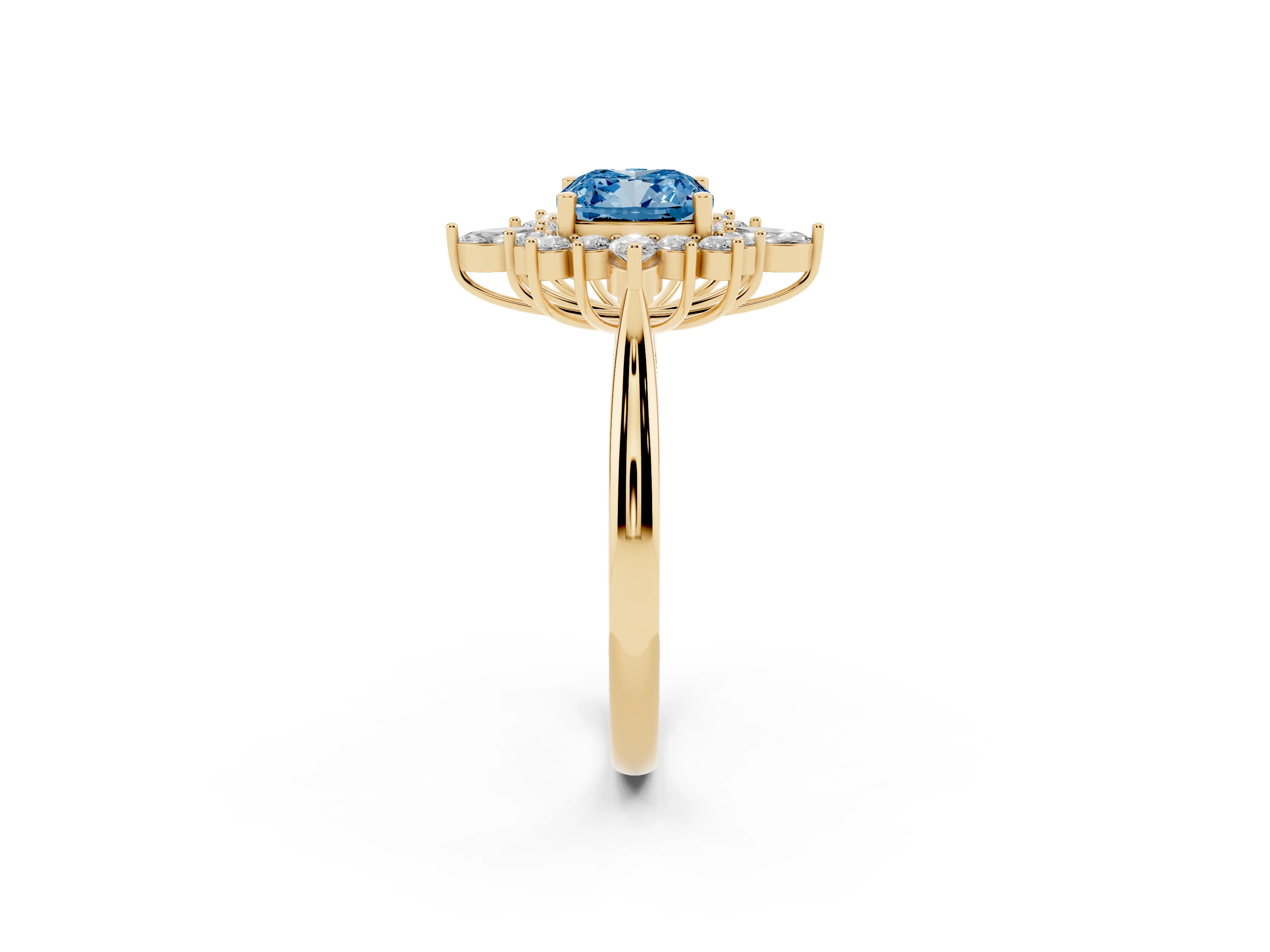Fancy Blue Cushion Cut Diamond Cluster Halo Ring Set in Yellow gold with Marquise and Round Accents
