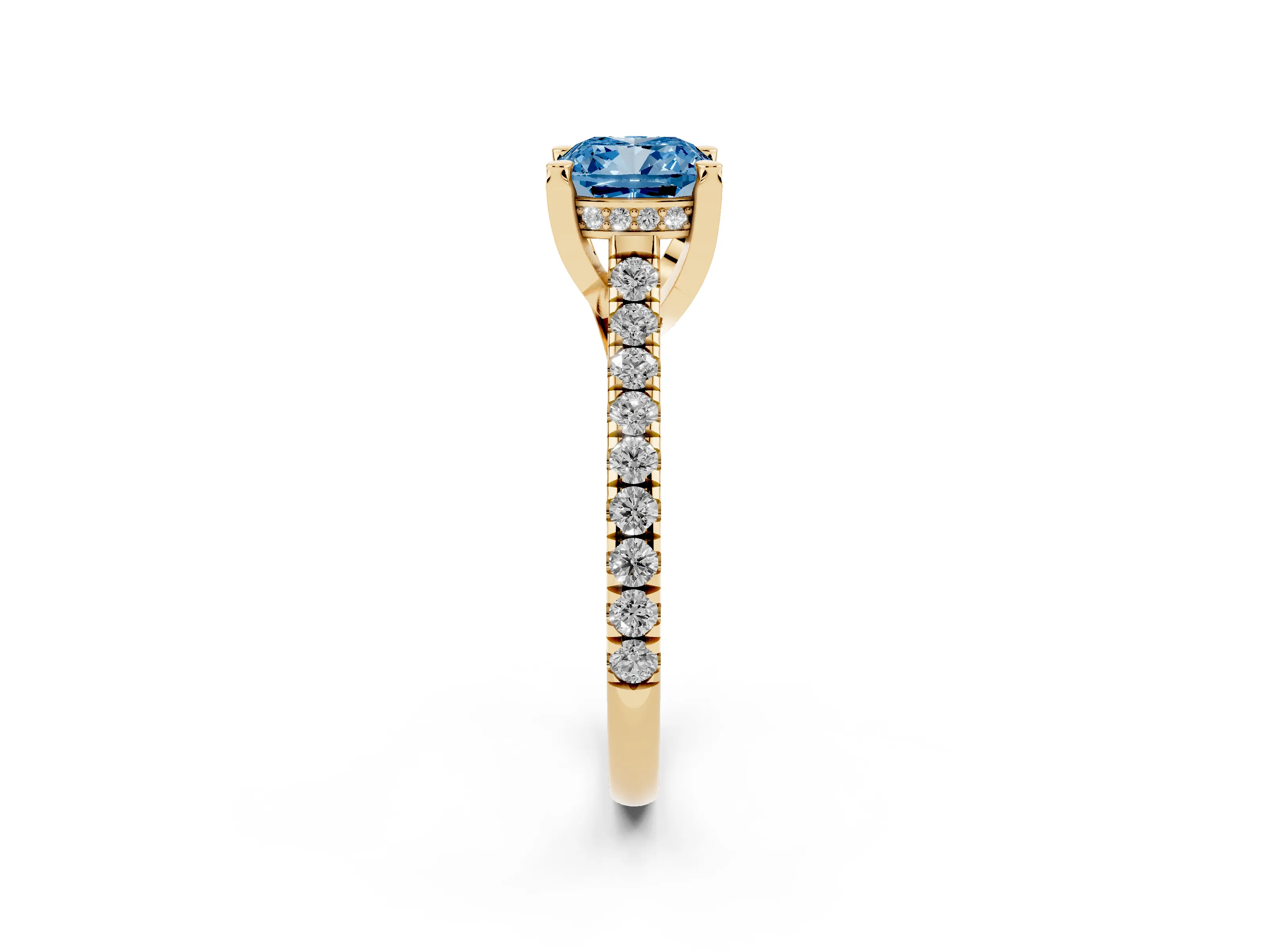 Fancy Blue Cushion Cut Diamond Solitaire Ring Set in Yellow gold with Brilliant Pavé Band and Prong Setting