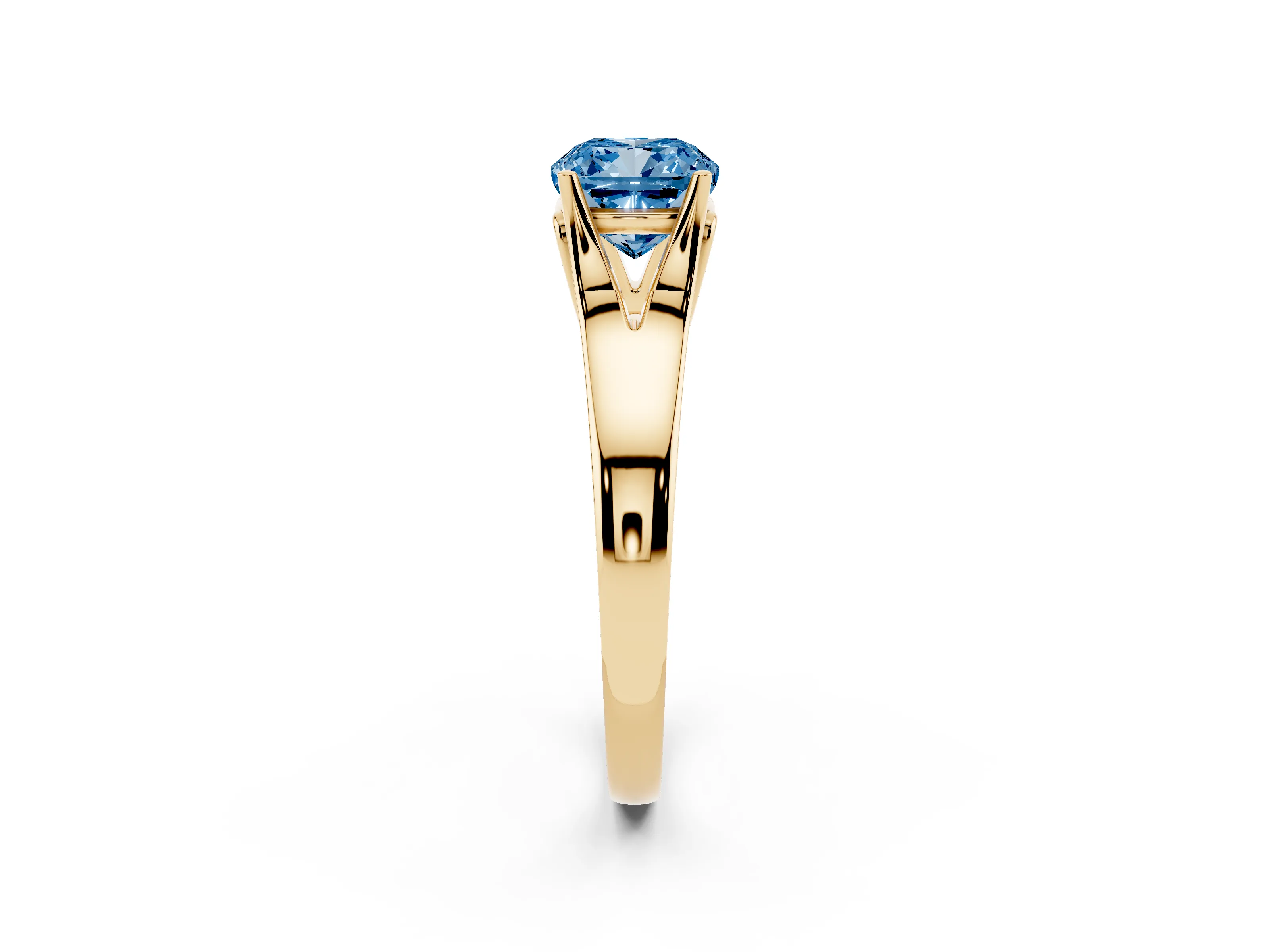 Fancy Blue Cushion Cut Diamond Solitaire Ring Set in Yellow gold with Arched Cathedral Band and Prong Setting