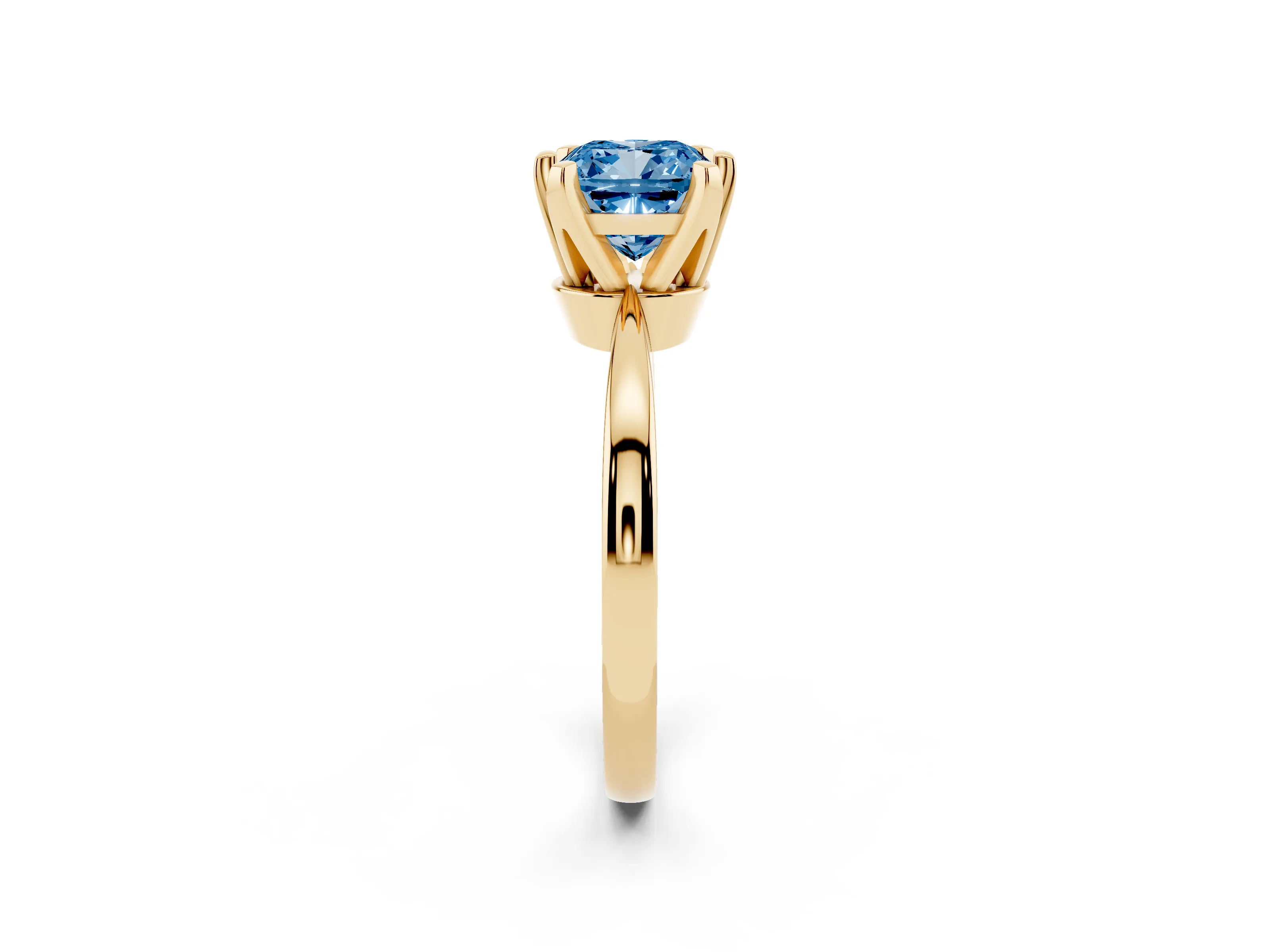 Fancy Blue Cushion Cut Diamond Solitaire Engagement Ring Set in Yellow gold with Slim Tapered Solitaire Band