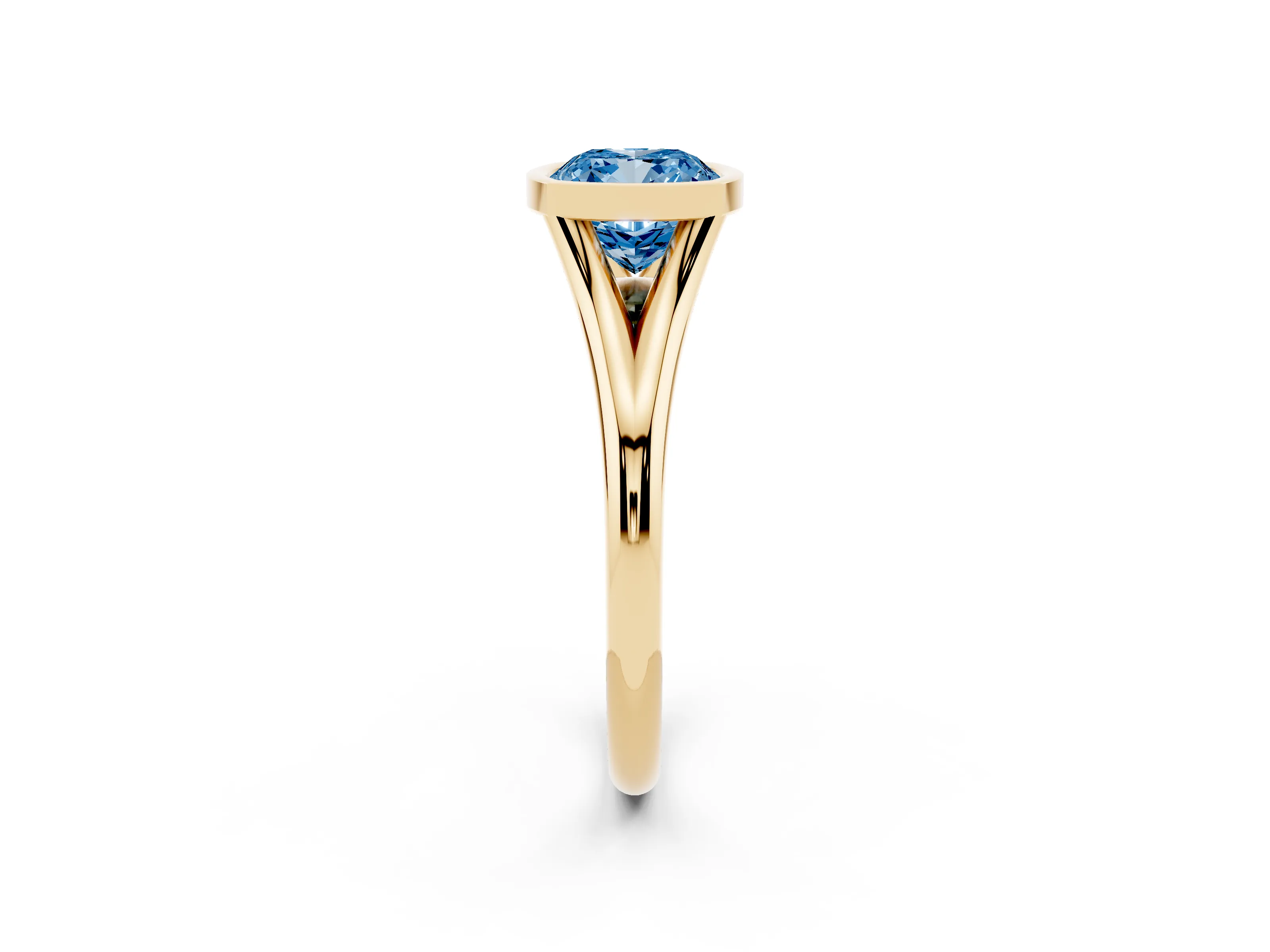 Fancy Blue Bezel Set Cushion Cut Diamond Solitaire Ring Set in Yellow gold with Tapered Band