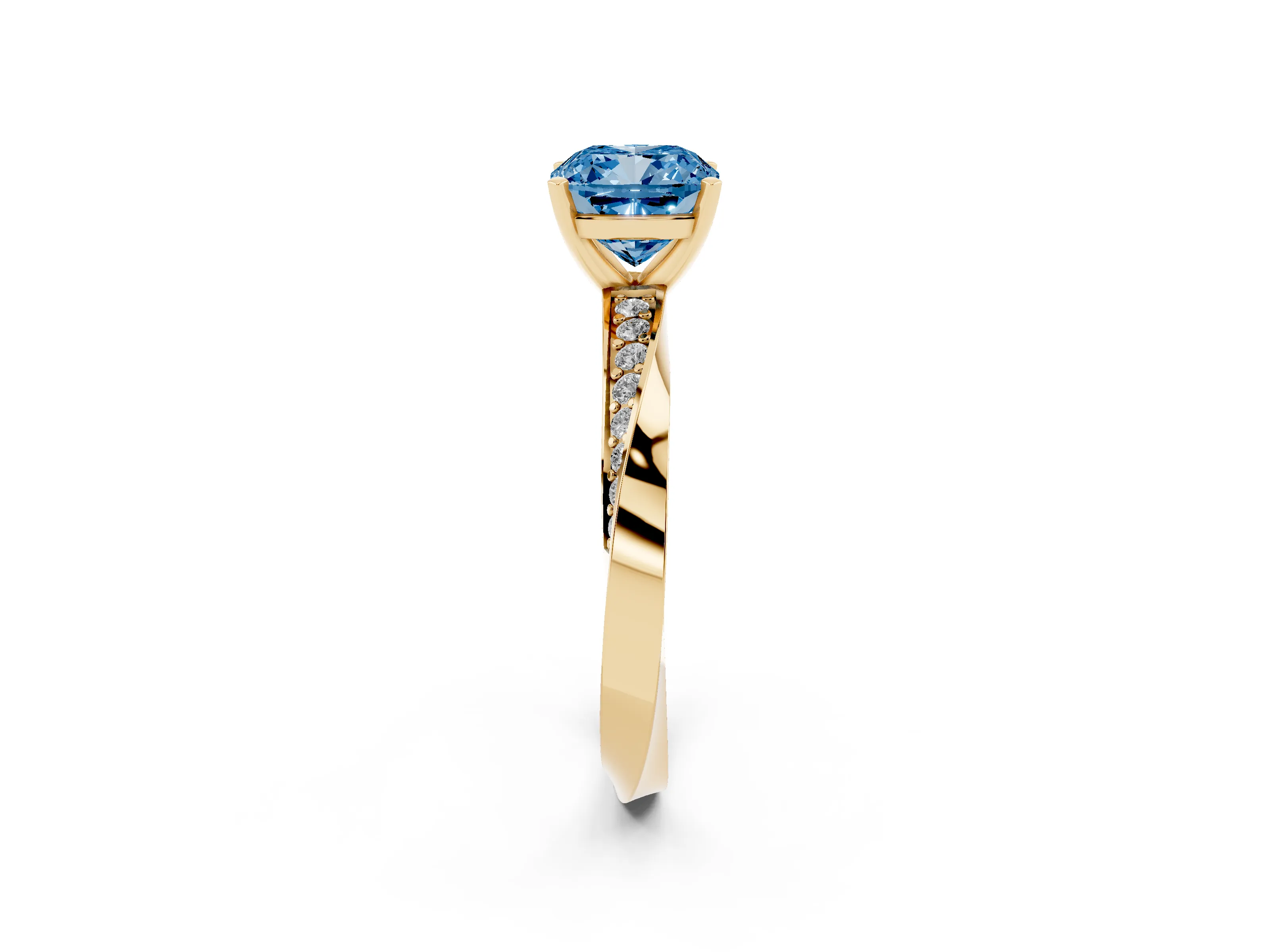 Fancy Blue Cushion Cut Diamond Engagement Ring Set in Yellow gold with Side Stone Accents and Prong Setting