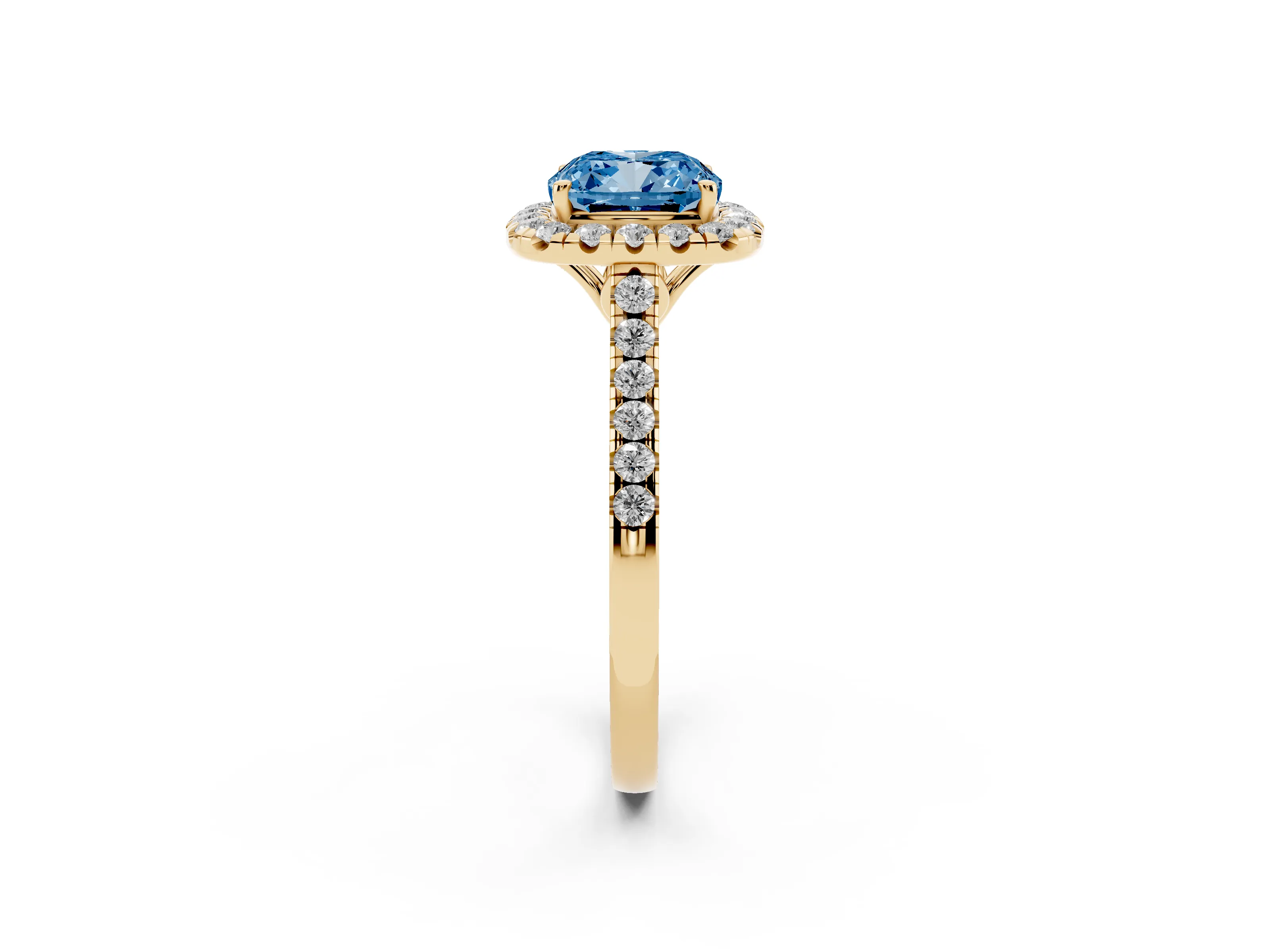 Fancy Blue Cushion Cut Diamond Pavé Halo Engagement Ring Set in Yellow gold with Pavé Band and Prong Setting