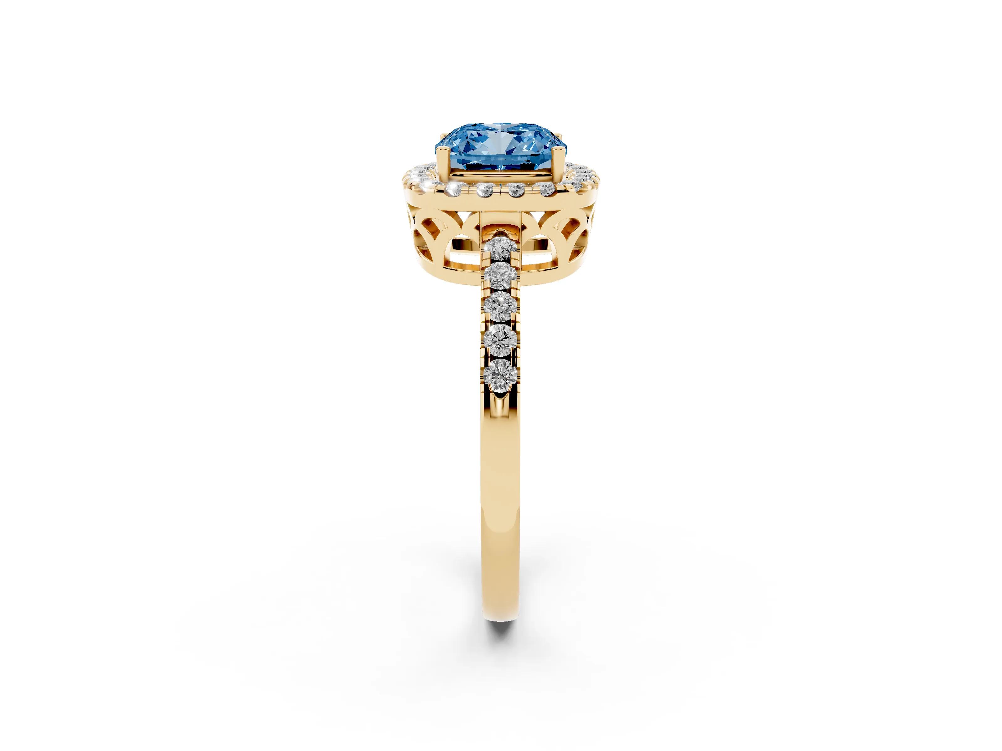 Fancy Blue Cushion Cut Diamond Pavé Band Halo Engagement Ring Set in Yellow gold with Prong Setting