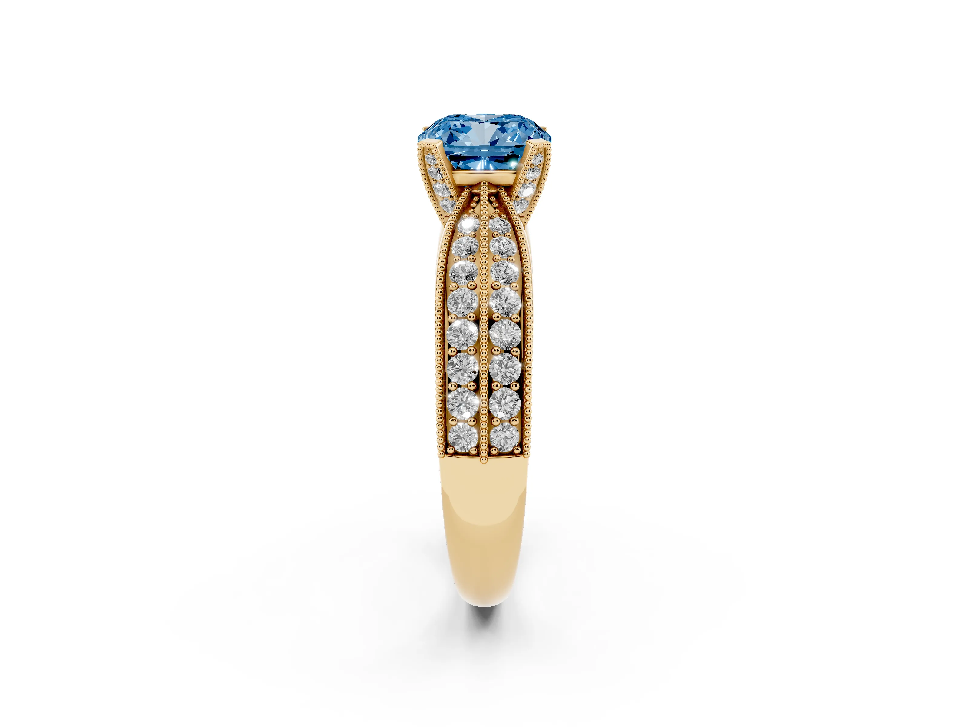 Fancy Blue Cushion Cut Diamond Solitaire Ring Set in Yellow gold with Milgrain Double Row Round Pavé Band