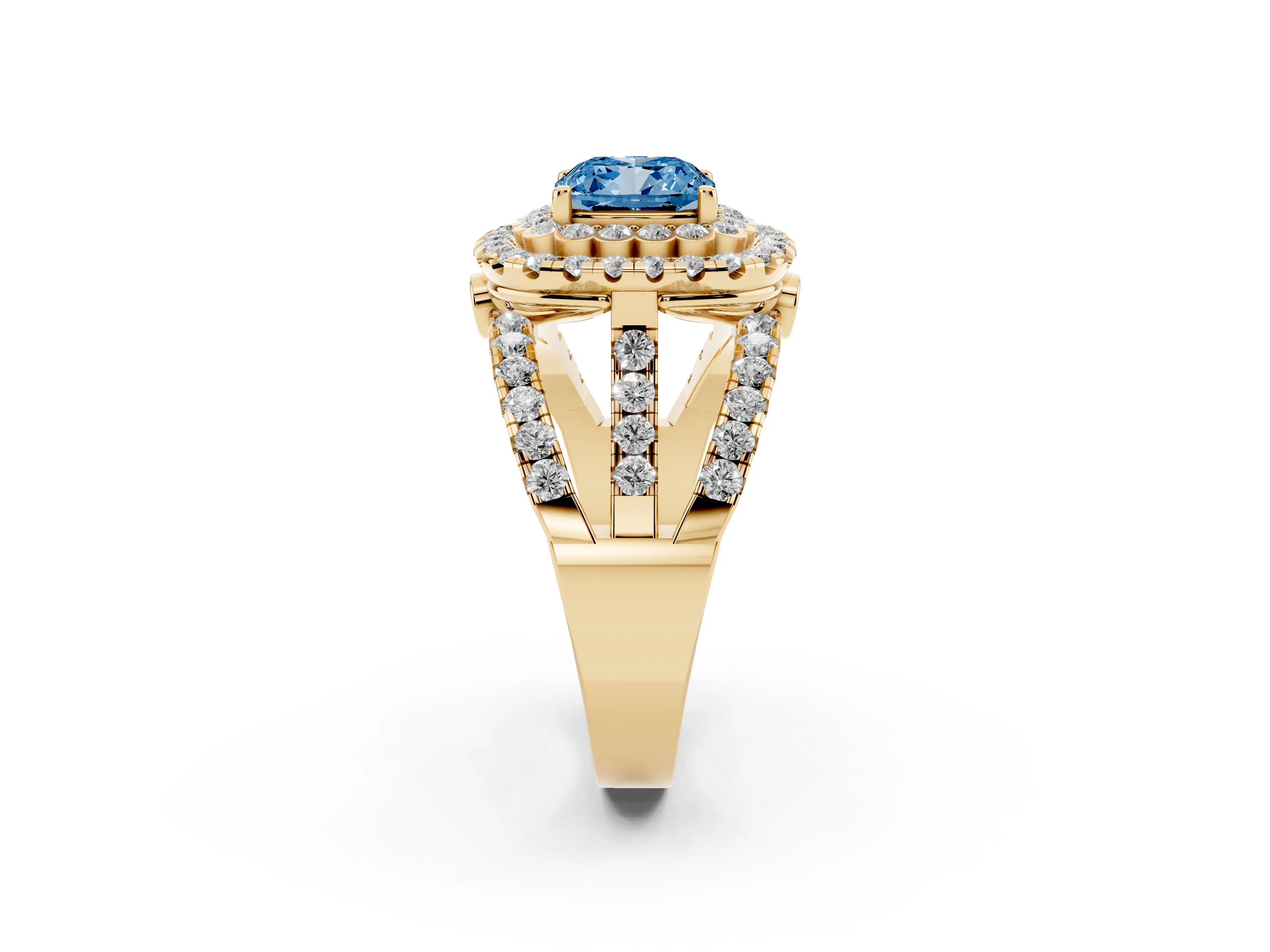 Fancy Blue Cushion Cut Diamond Double Halo Ring Set in Yellow gold with Round Pavé Split Shank