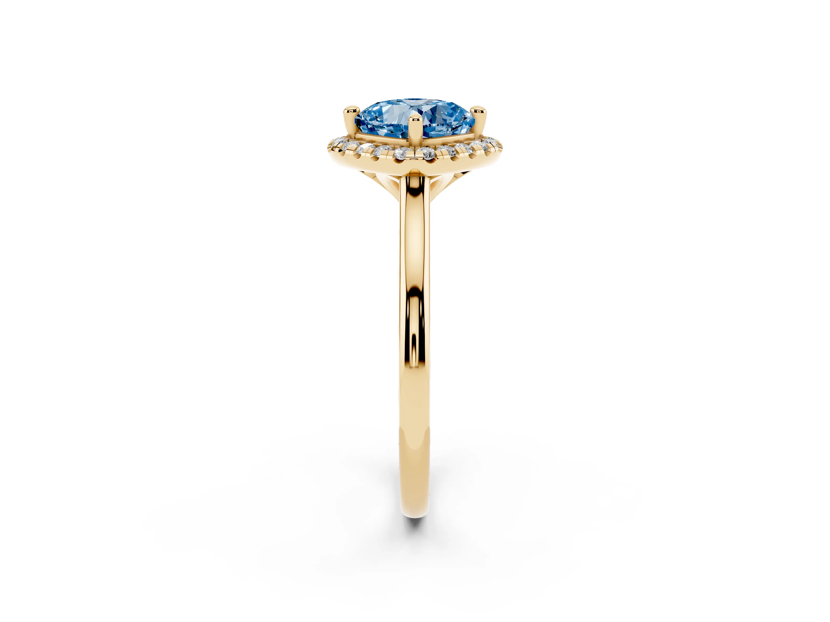 Fancy Blue Cushion Cut Diamond Halo Engagement Ring Set in Yellow gold with Pavé Band and Rising Shoulders