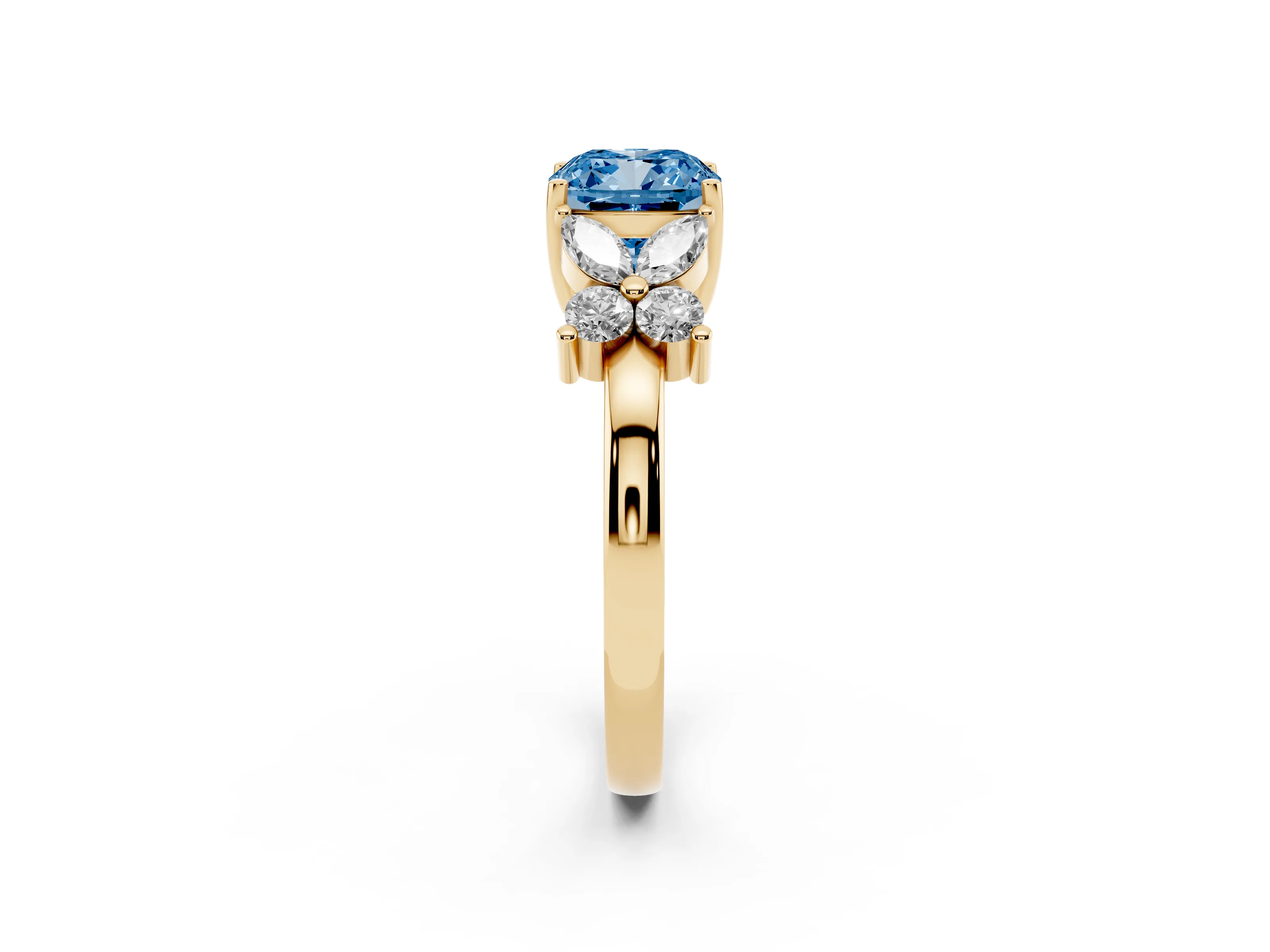 Fancy Blue Cushion Cut Diamond Floral Cluster Ring Set in Yellow gold with Marquise Petals and Prong Setting