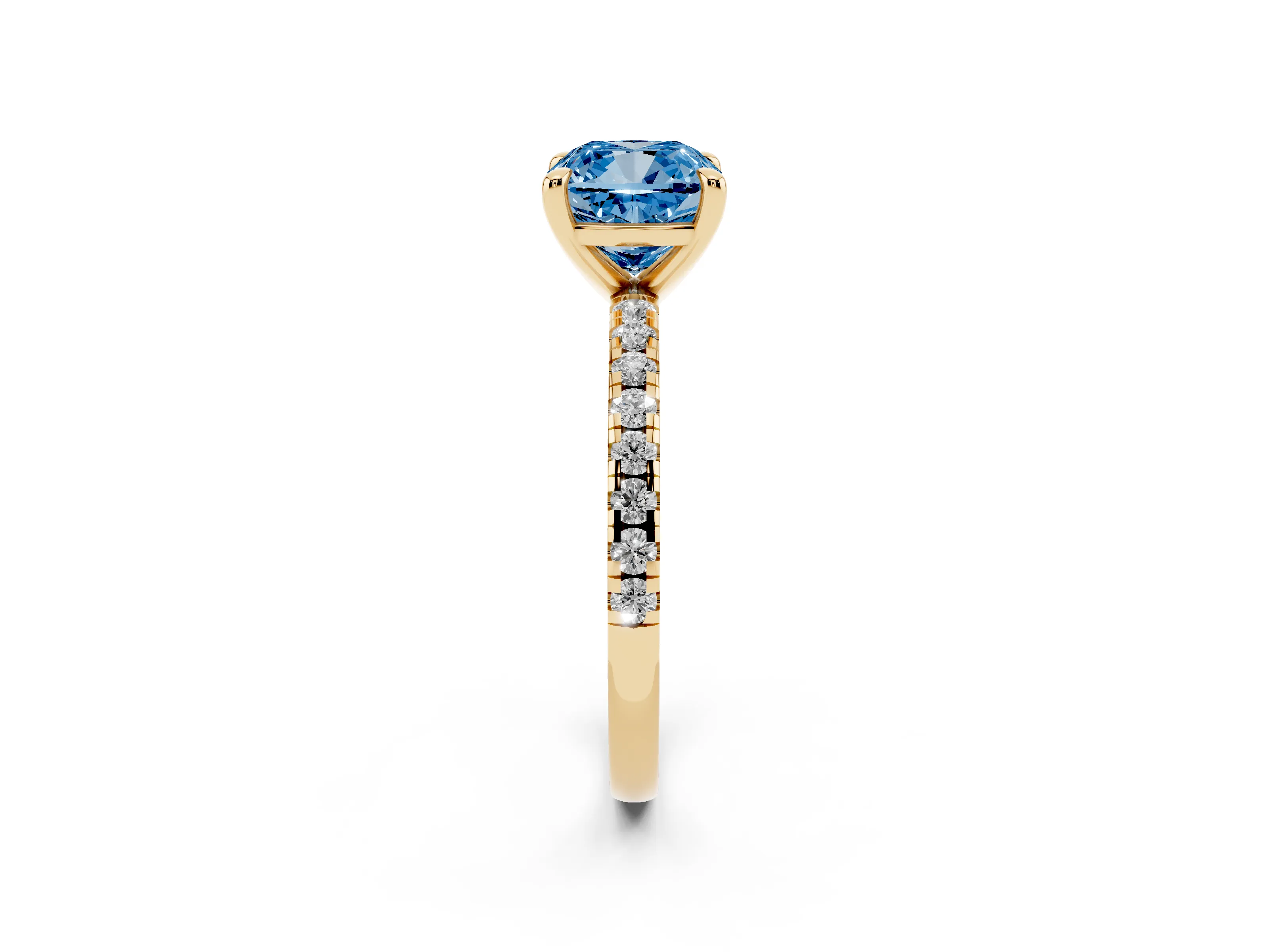 Fancy Blue Cushion Cut Diamond Brilliant Solitaire Ring Set in Yellow gold with Pavé Band and Prong Setting