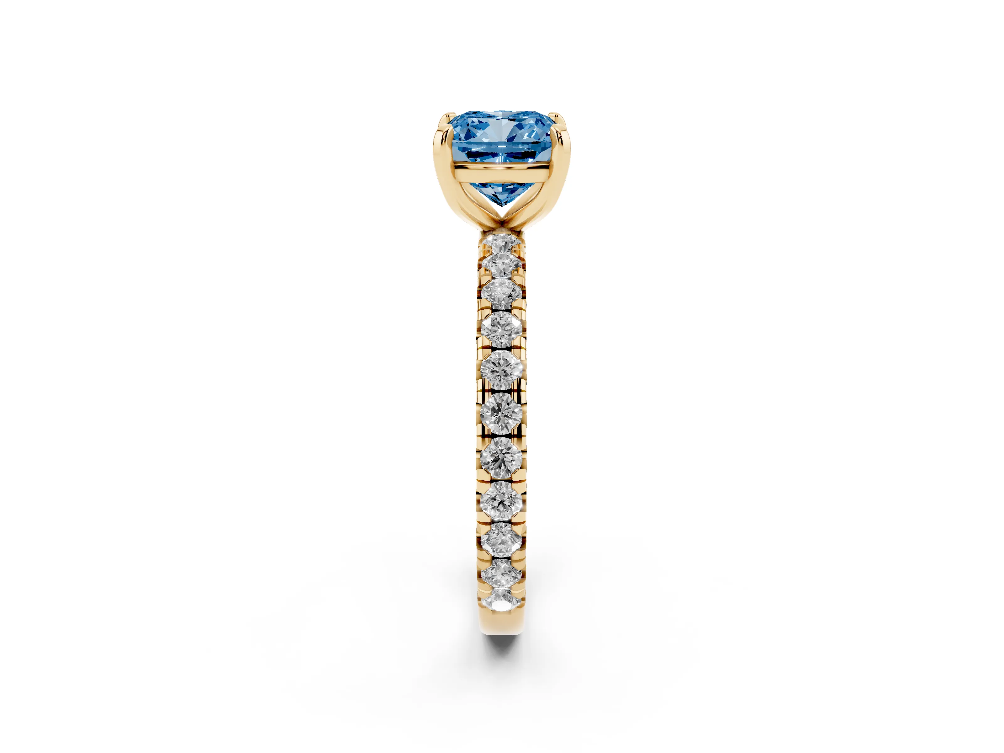 Fancy Blue Cushion Cut Diamond Pavé Solitaire Ring Set in Yellow gold with Round Band and Prong Setting
