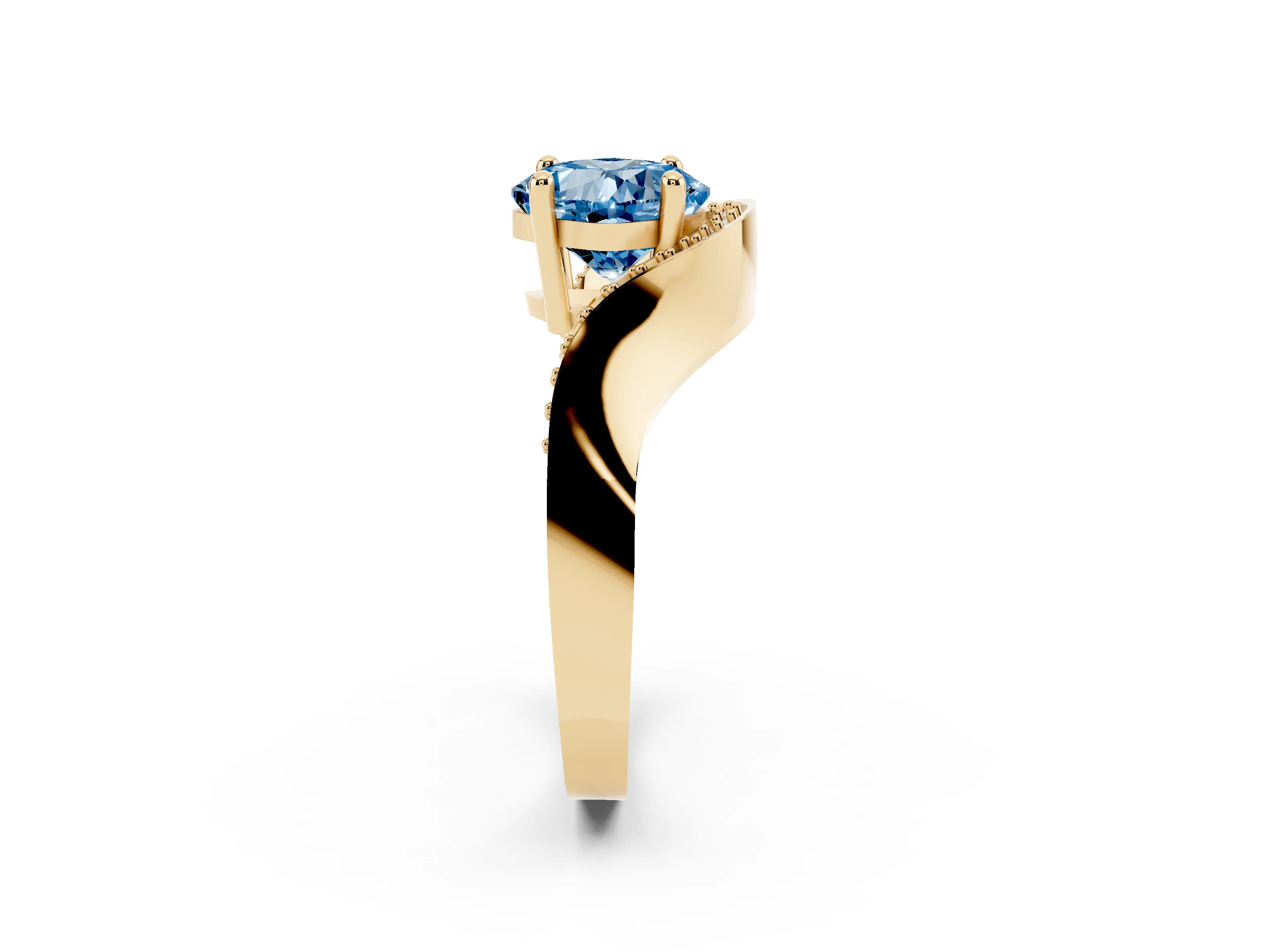 Fancy Blue Cushion Cut Diamond Solitaire Engagement Ring Set in Yellow gold with Pavé Shoulders