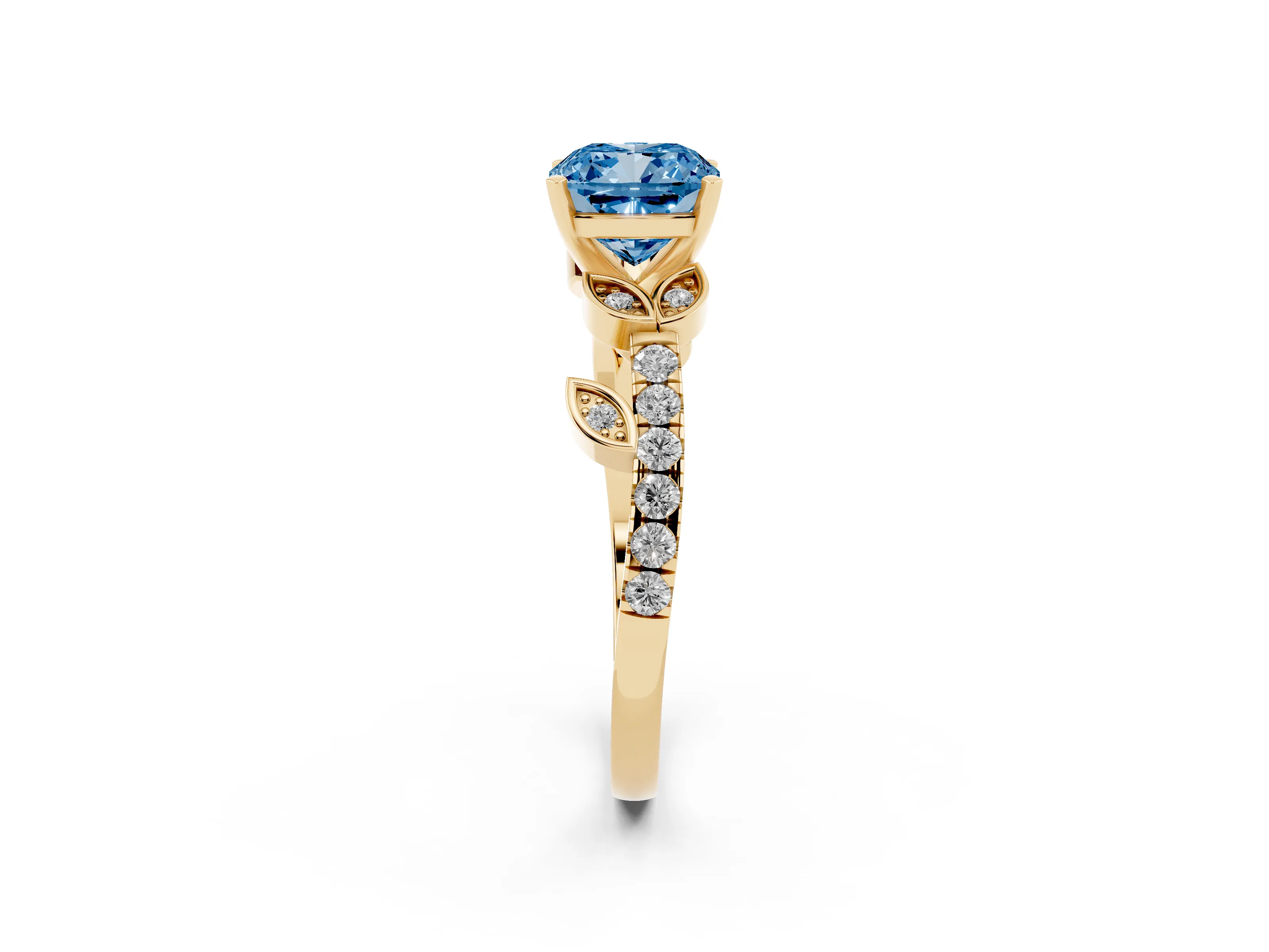 Fancy Blue Cushion Cut Diamond Solitaire Leaf-Inspired Ring Set in Yellow gold with Pavé Band and Prong Setting