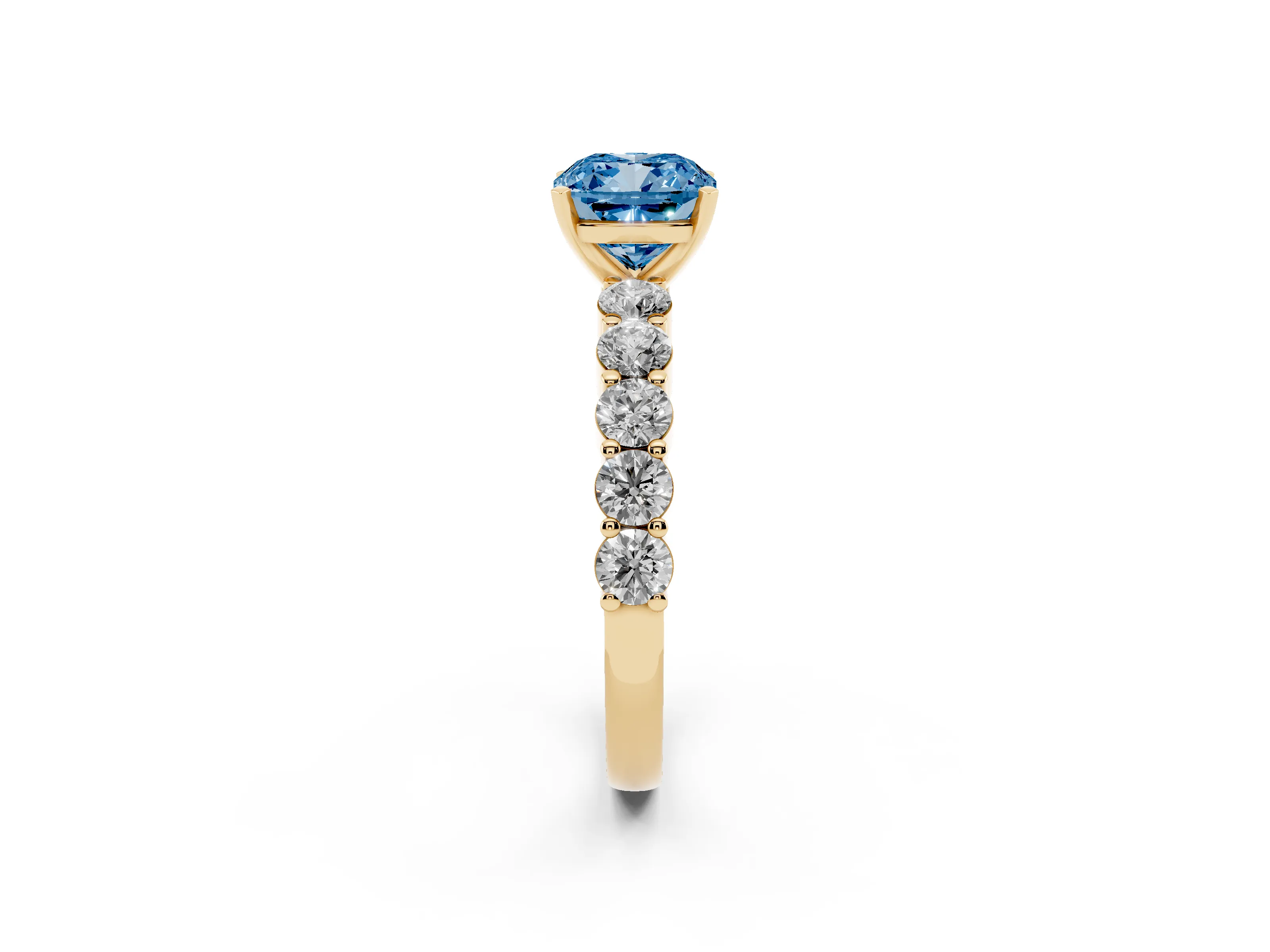 Fancy Blue Cushion Cut Diamond Solitaire Ring Set in Yellow gold with Shared Prong Round Side Stones