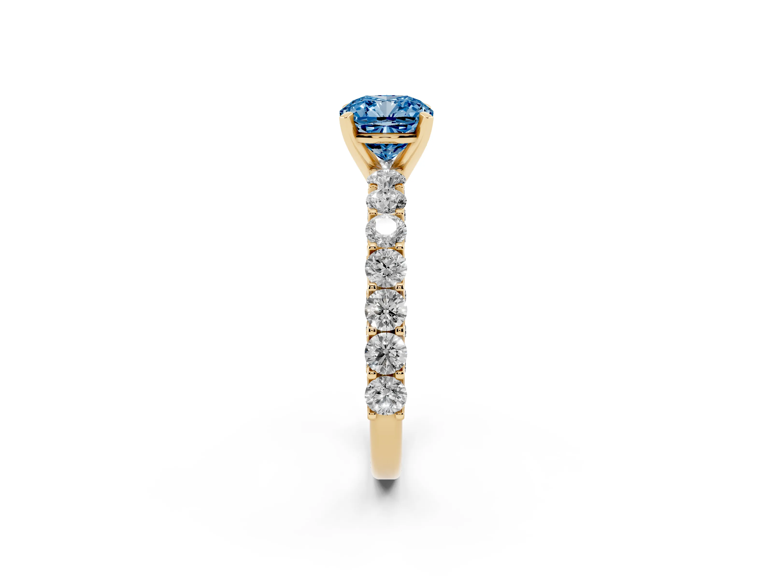 Fancy Blue Cushion Cut Diamond Solitaire Ring Set in Yellow gold with Shared Prong Pavé Band
