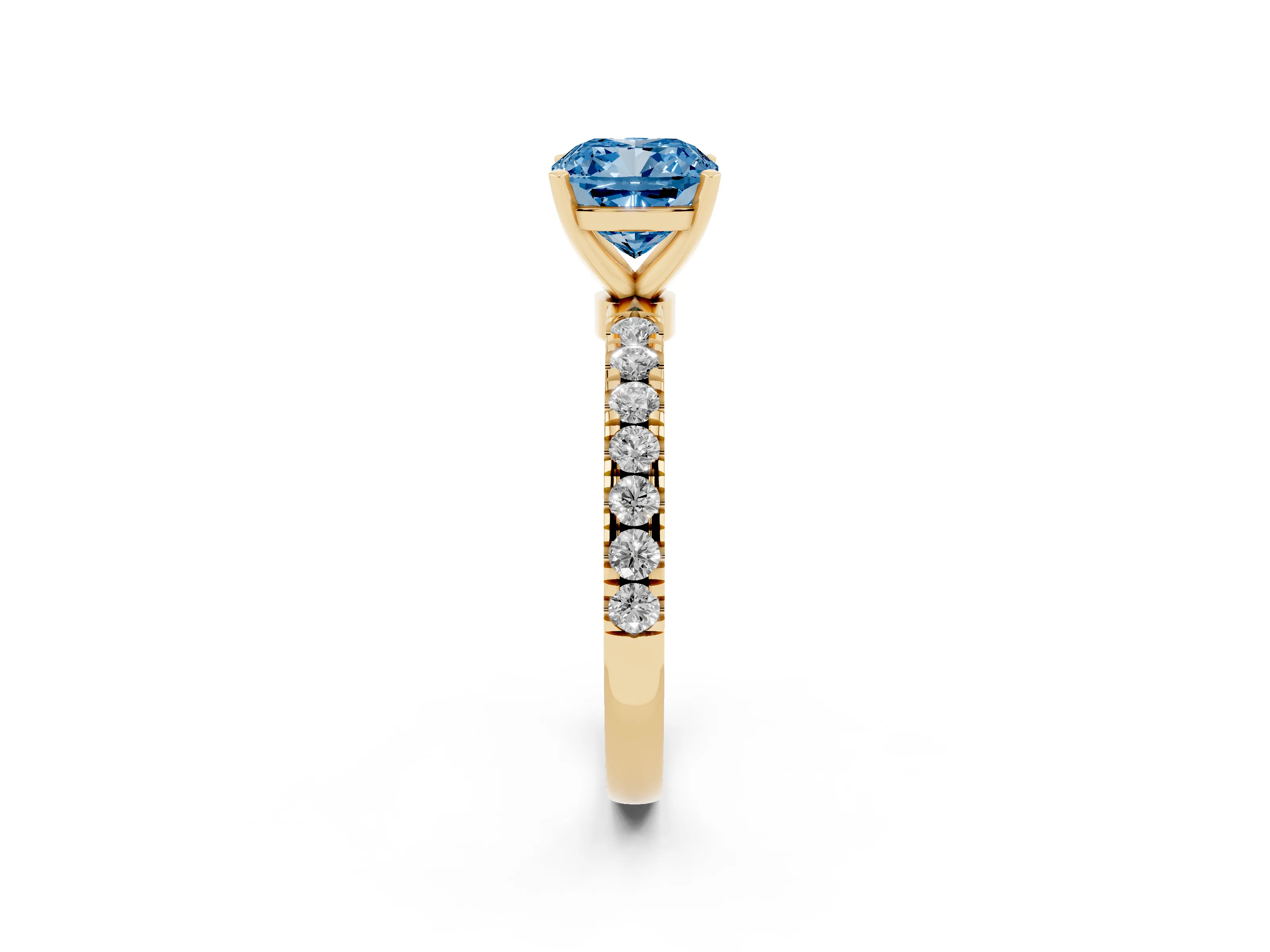 Fancy Blue Cushion Cut Diamond Solitaire Ring Set in Yellow gold with Pavé Accents and Prong Setting