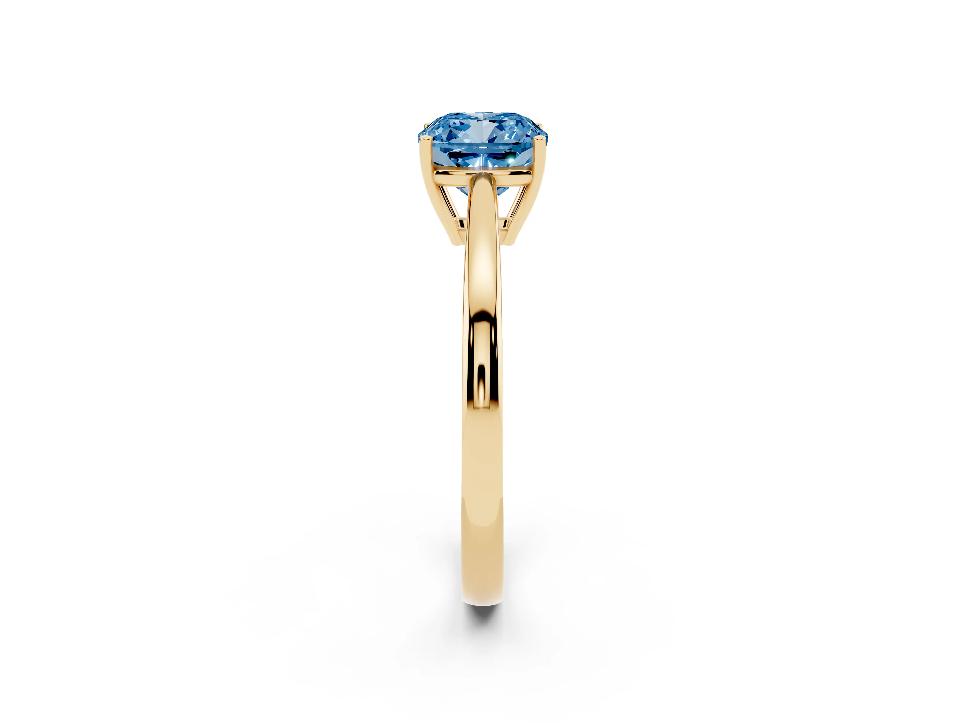Fancy Blue Cushion Cut Diamond Solitaire Ring Set in Yellow gold with Split Shank and Prong Setting