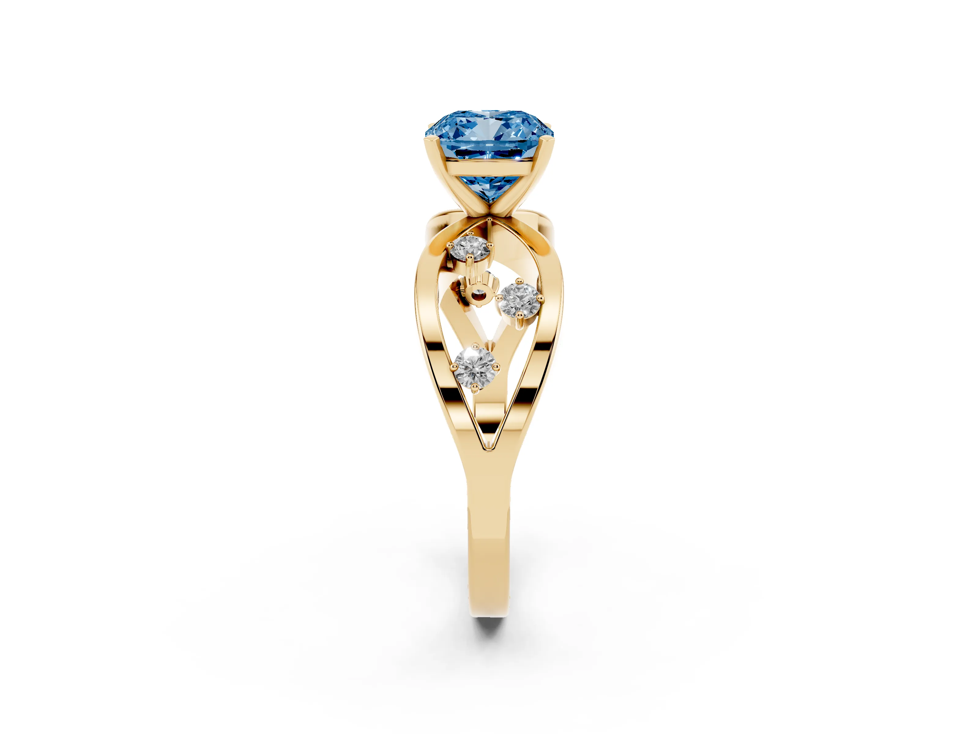 Fancy Blue Cushion Cut Diamond Solitaire Ring Set in Yellow gold with Side Stones on Criss-Cross Band and Prong Setting