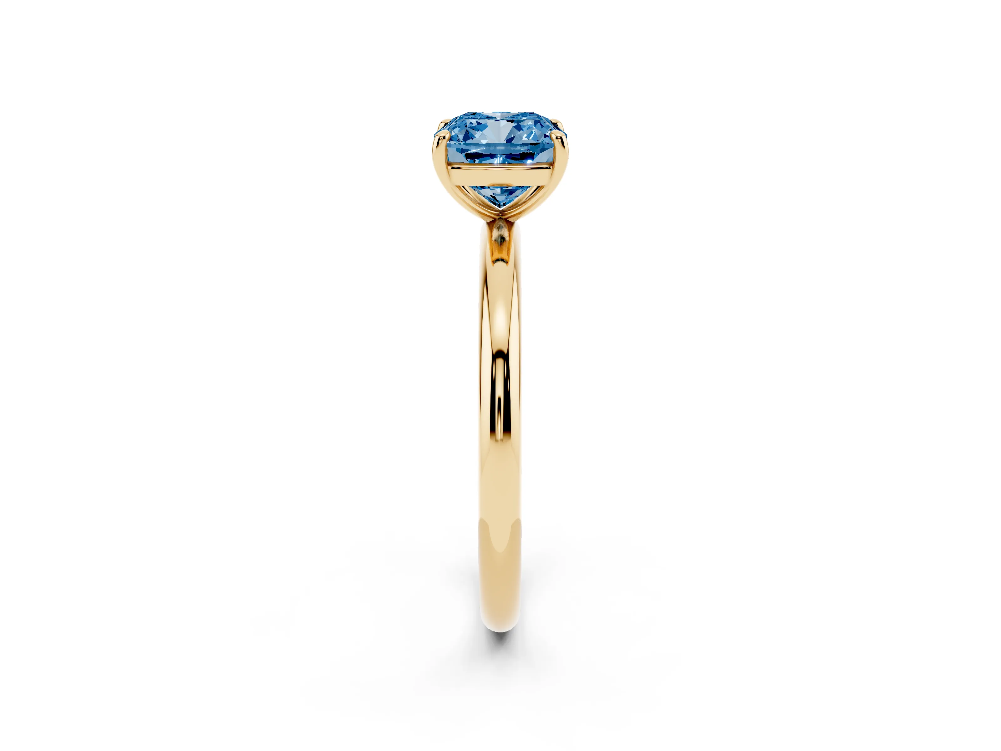 Fancy Blue Cushion Cut Diamond Solitaire Ring Set in Yellow gold with Prong Setting on a Polished Plain Band