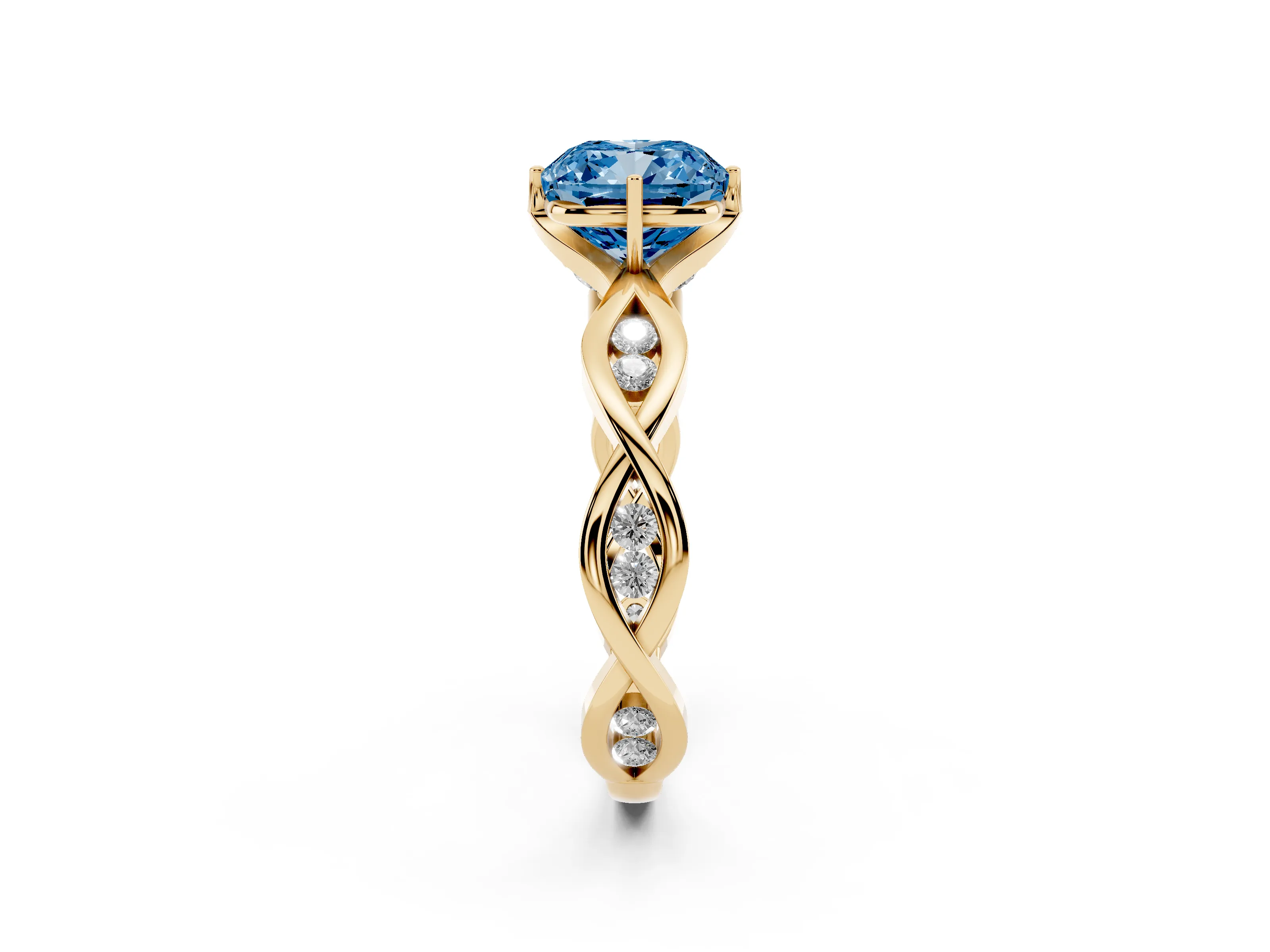 Fancy Blue Cushion Cut Diamond Twist Band Solitaire Ring Set in Yellow gold with Leaf Prong Setting and Accent Stones