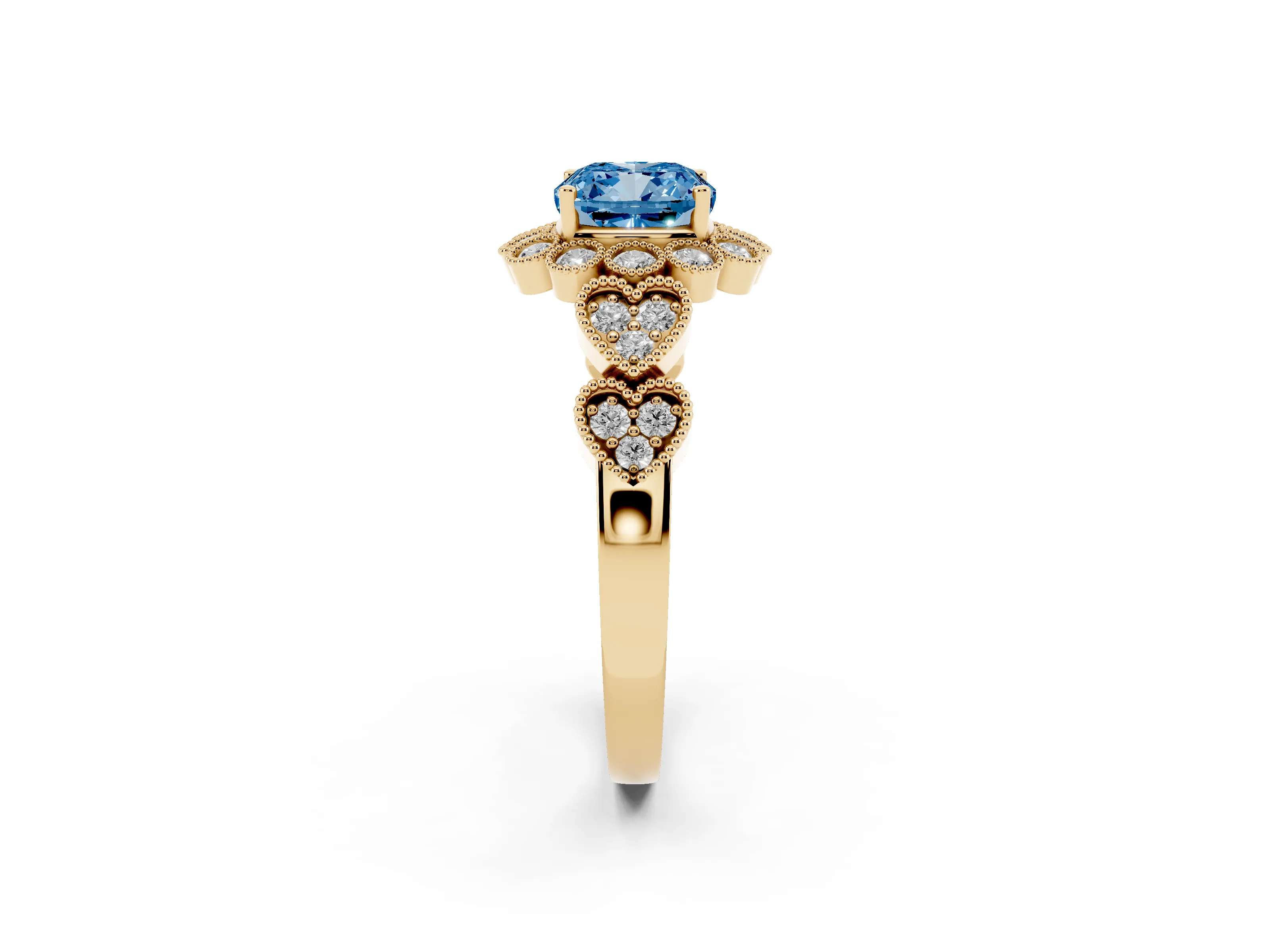 Fancy Blue Cushion Cut Diamond Solitaire Ring Set in Yellow gold with Milgrain Pavé Heart Band