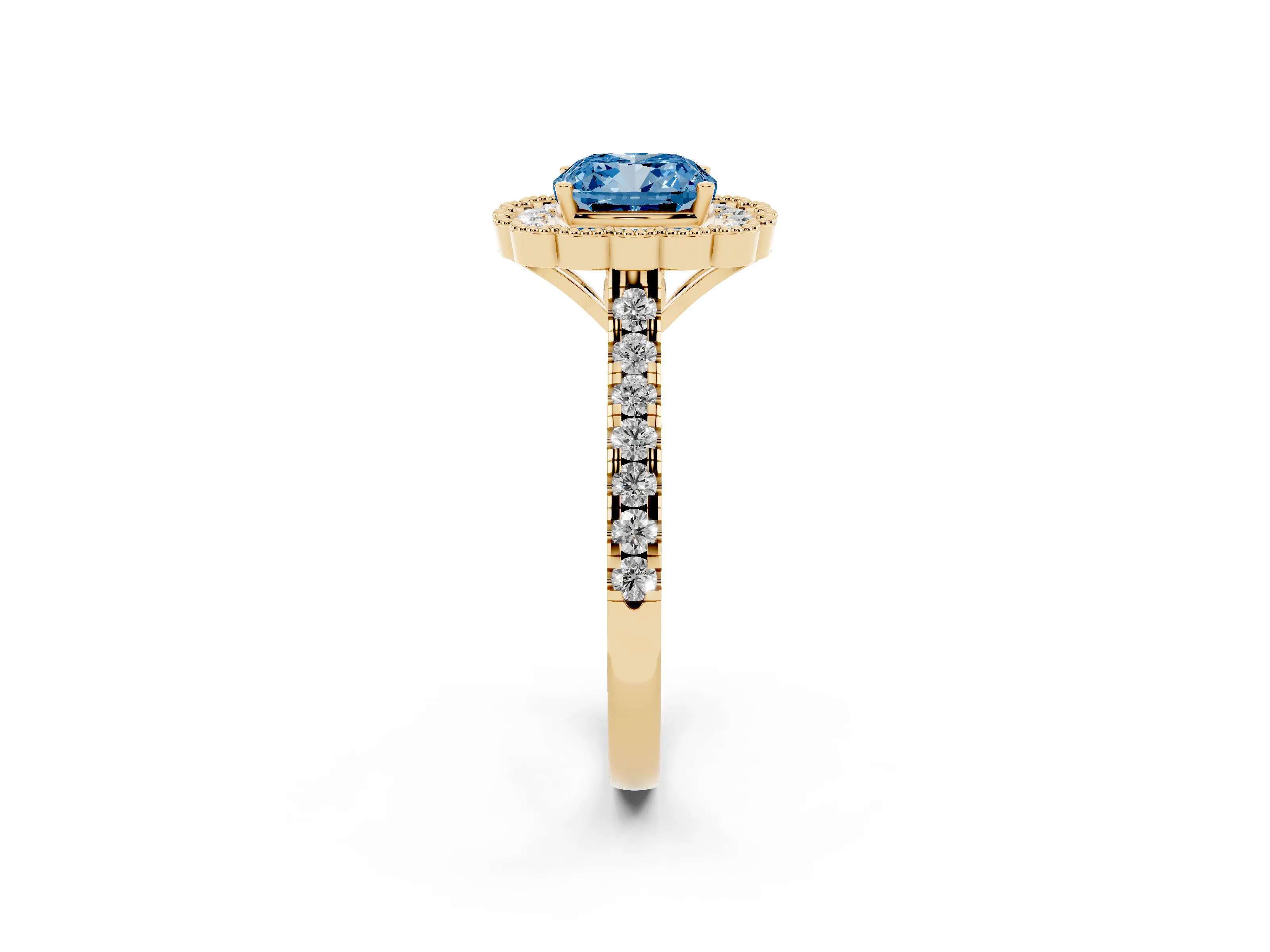 Fancy Blue Cushion Cut Diamond Milgrain Floral Halo Engagement Ring Set in Yellow gold with Pavé Band