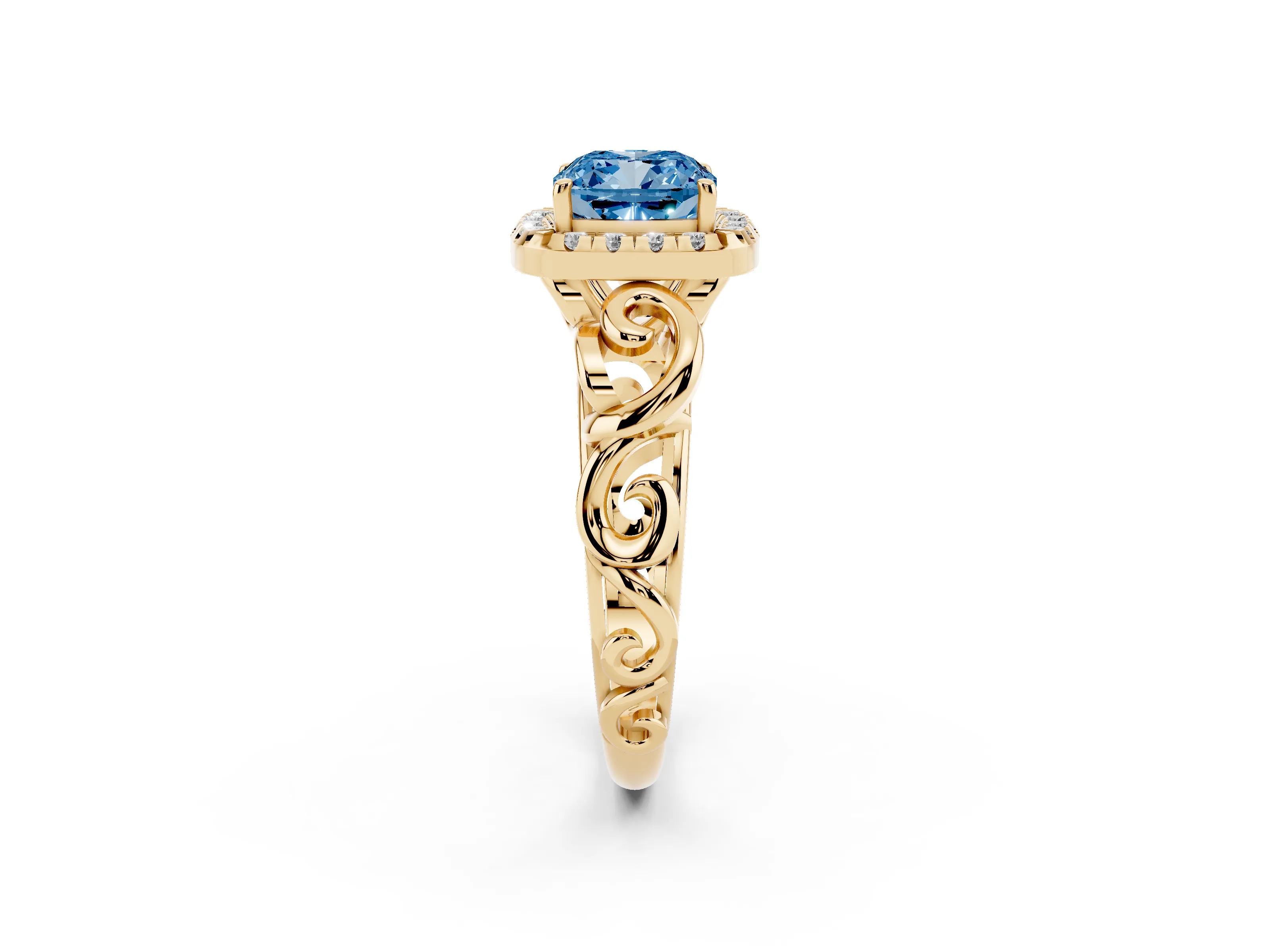 Fancy Blue Cushion Cut Diamond Halo Ring Set in Yellow gold with Scrollwork Band and Prong Setting