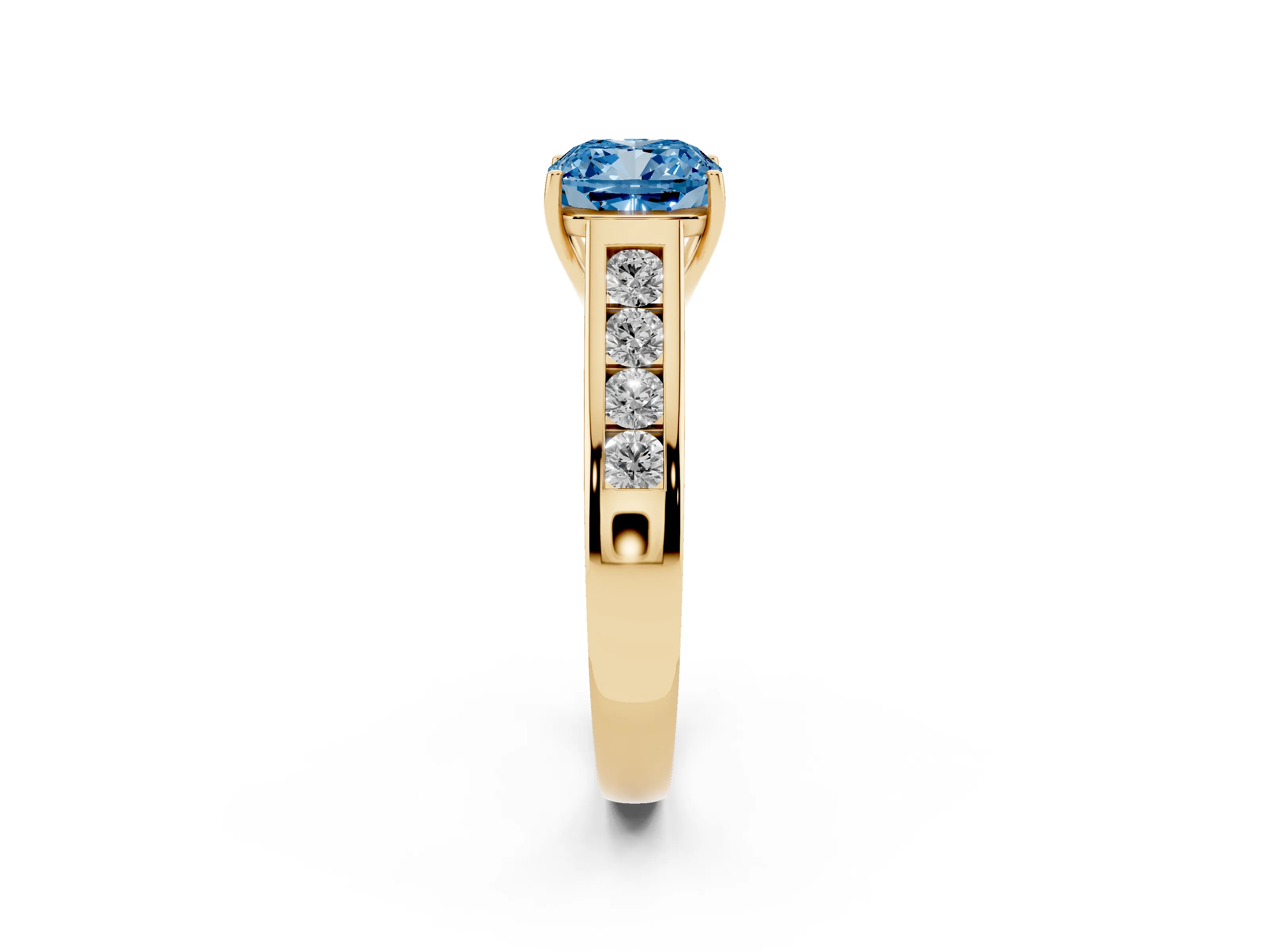 Fancy Blue Cushion Cut Diamond Brilliant Channel-Set Solitaire Ring Set in Yellow gold with Prong Setting