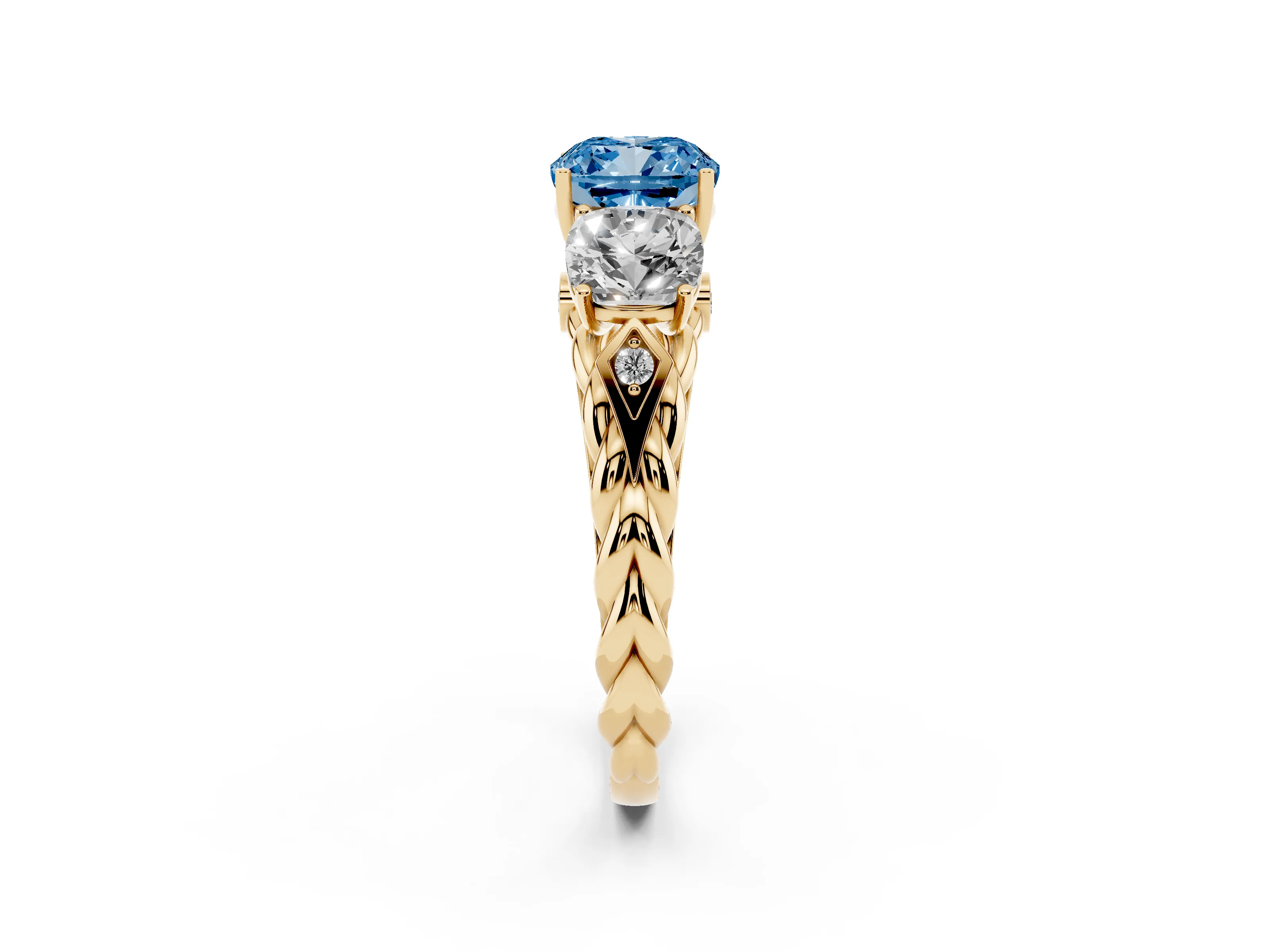 Fancy Blue Cushion Cut Diamond Three-Stone Ring Set in Yellow gold with Braided Band
