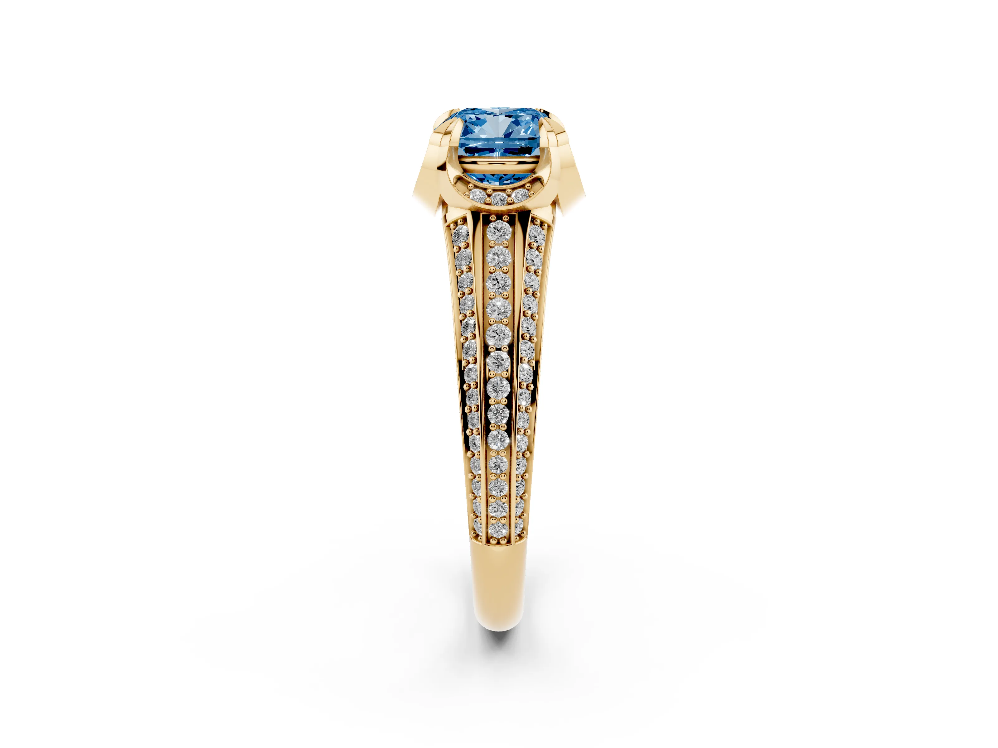 Fancy Blue Cushion Cut Diamond Pavé Split Shank Solitaire Ring Set in Yellow gold with Prong Setting
