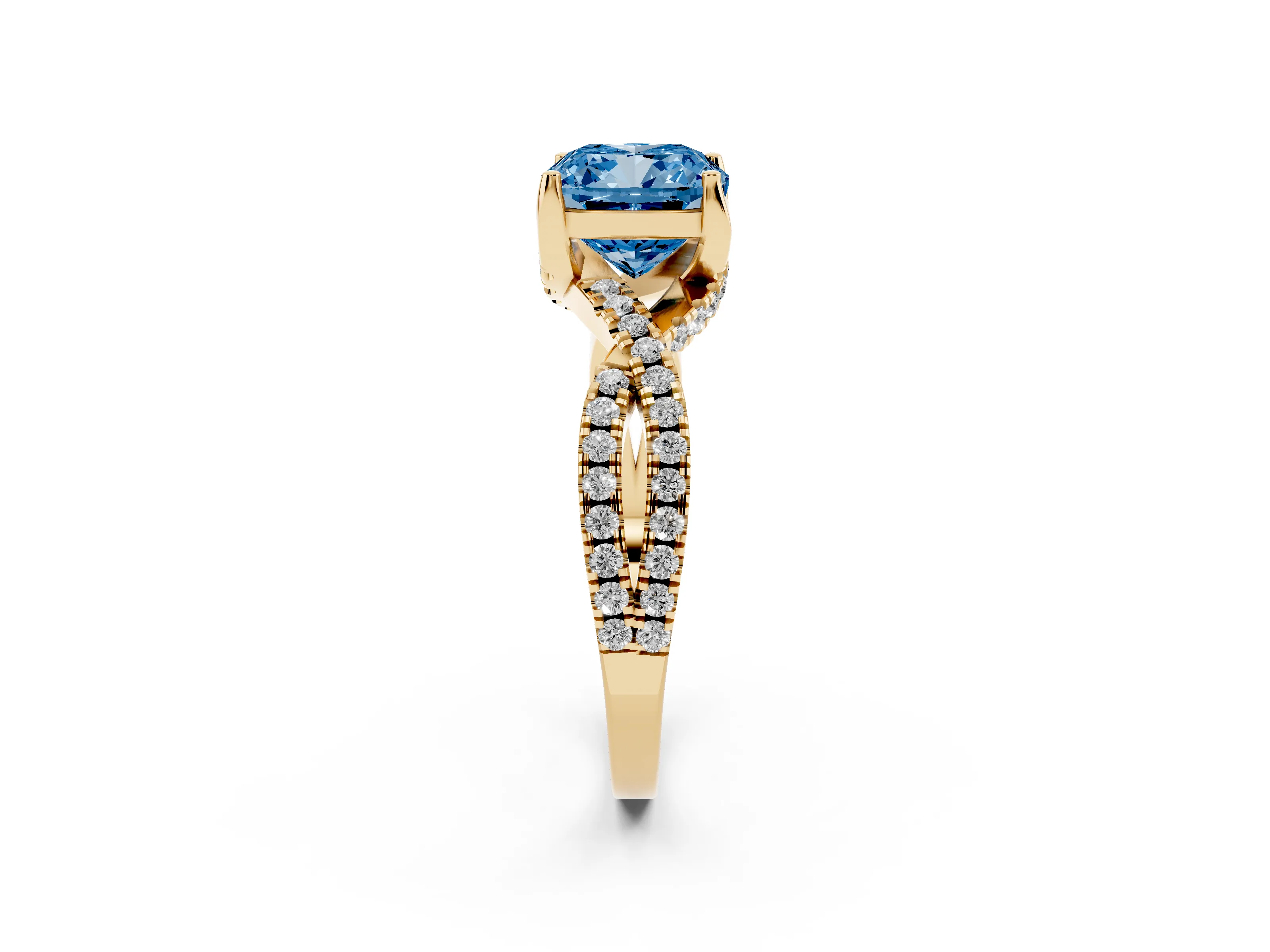Fancy Blue Cushion Cut Diamond Twist Pavé Solitaire Engagement Ring Set in Yellow gold with Prong Setting