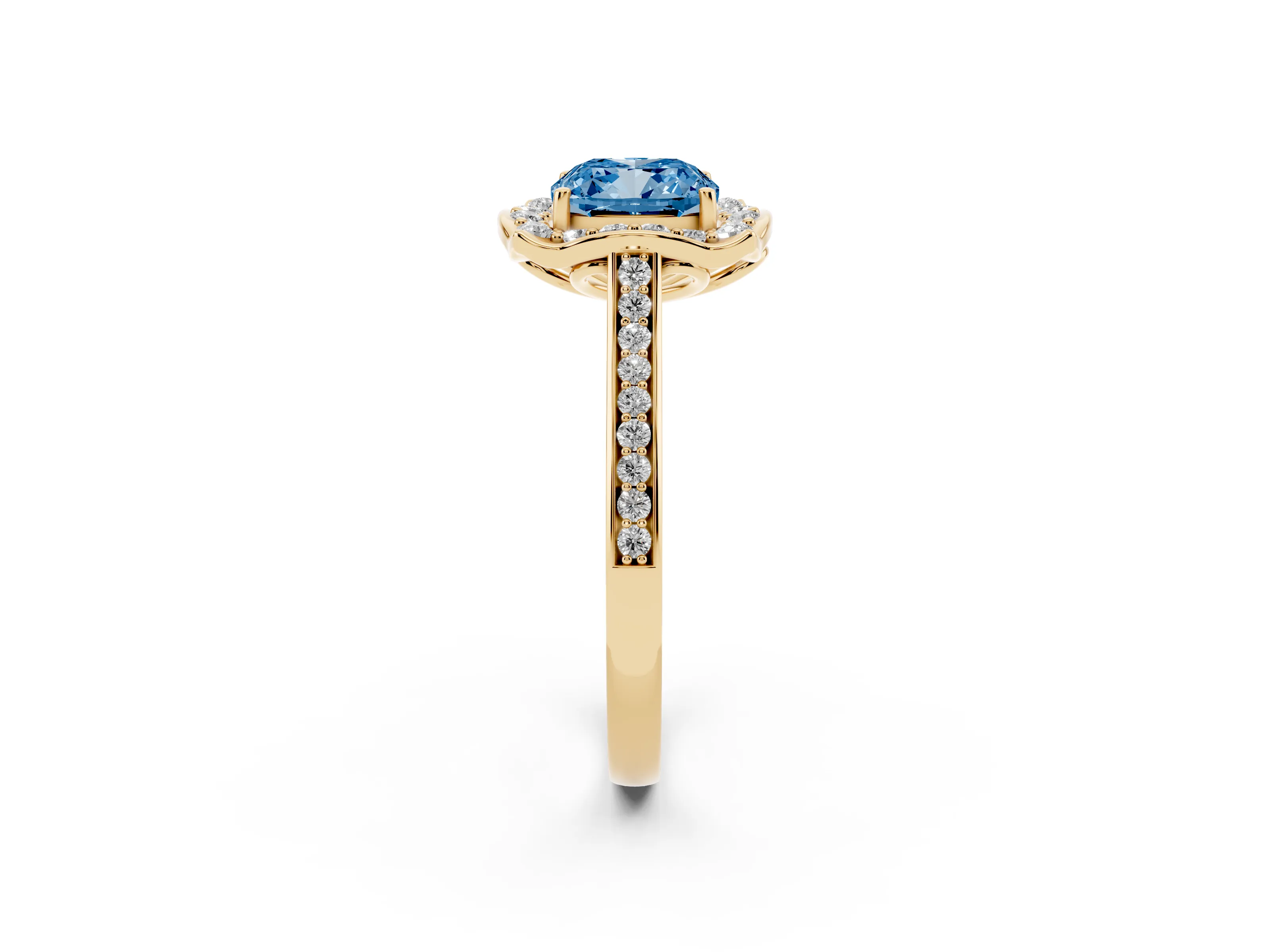Fancy Blue Cushion Cut Diamond Halo Ring Set in Yellow gold with Pavé-Lined Shoulders and Prong Setting