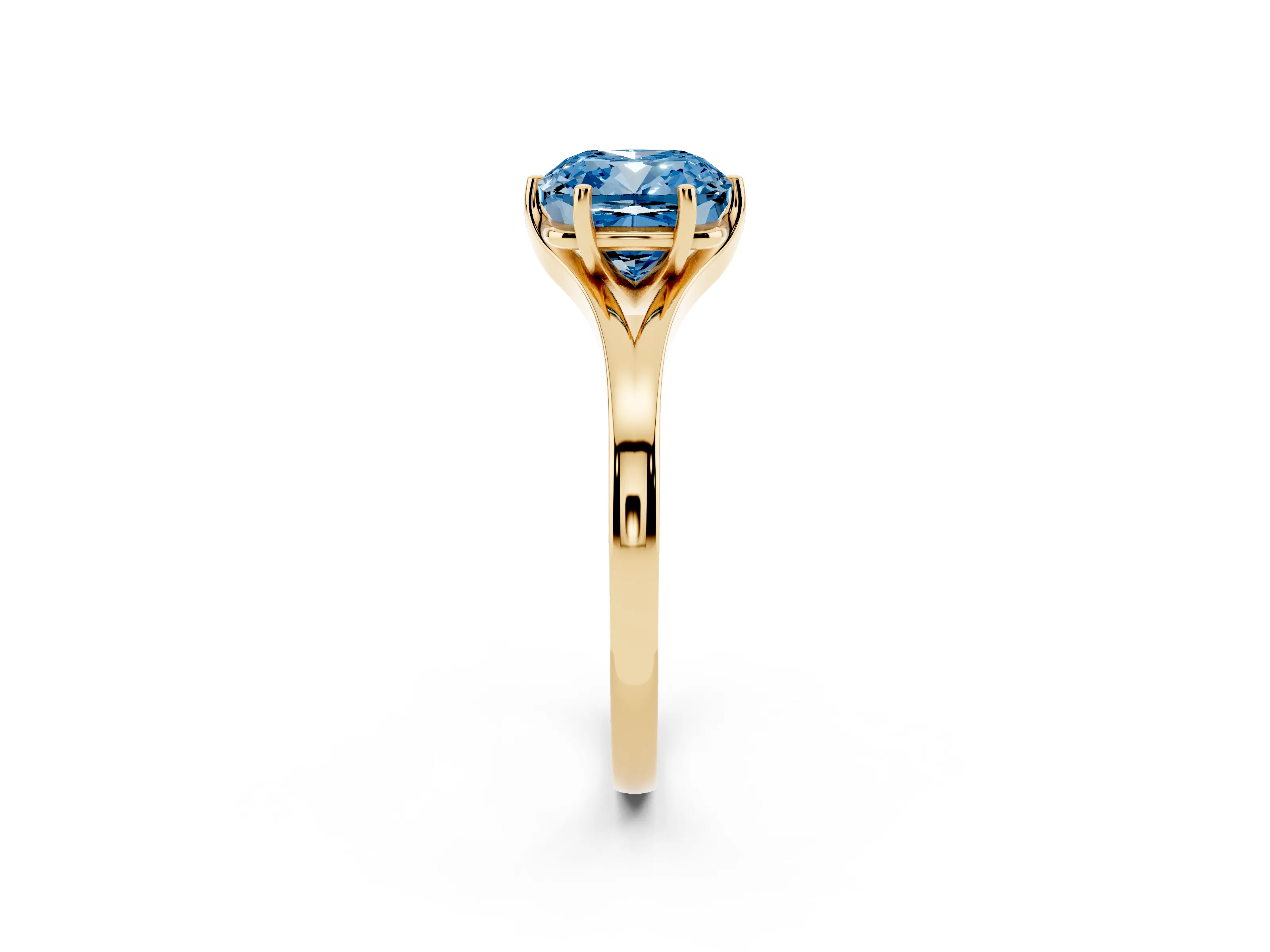 Fancy Blue Cushion Cut Diamond Solitaire Ring Set in Yellow gold with Polished Tapered Band and Prong Setting
