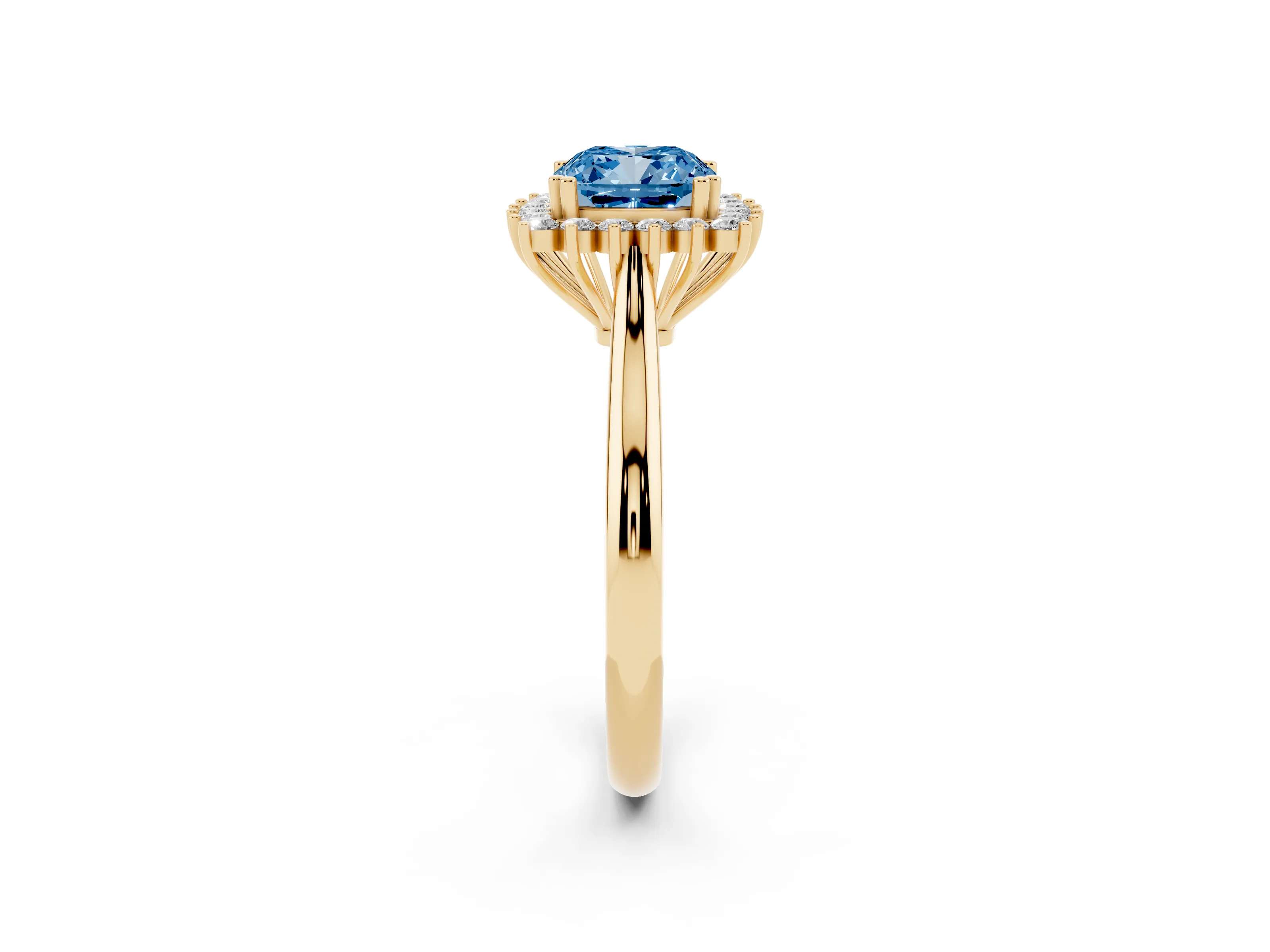Fancy Blue Cushion Cut Diamond Halo Ring Set in Yellow gold with Plain Solitaire Band and Prong Setting