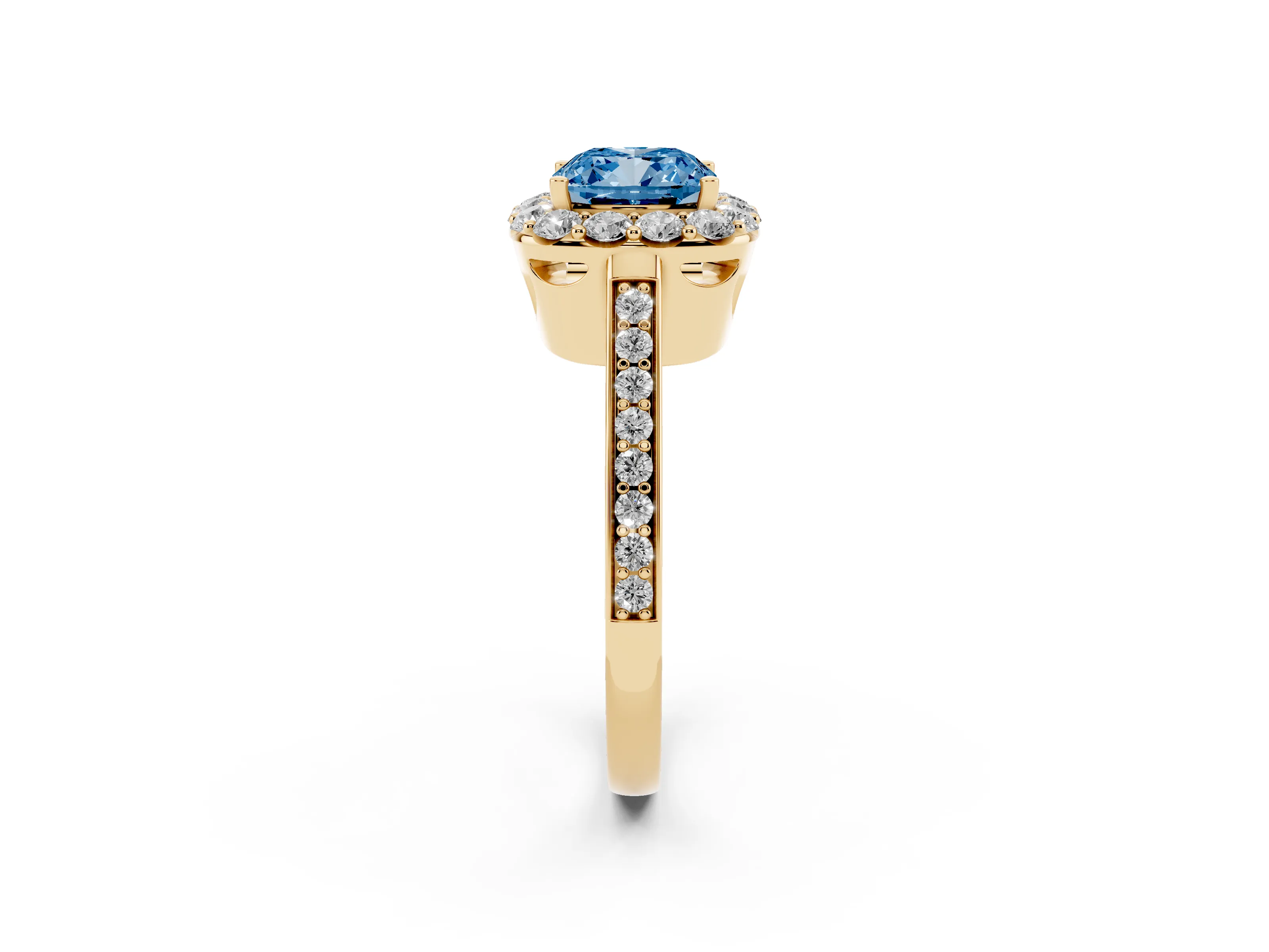Fancy Blue Cushion Cut Diamond Floral Halo Ring Set in Yellow gold with Pavé Band and Prong Setting