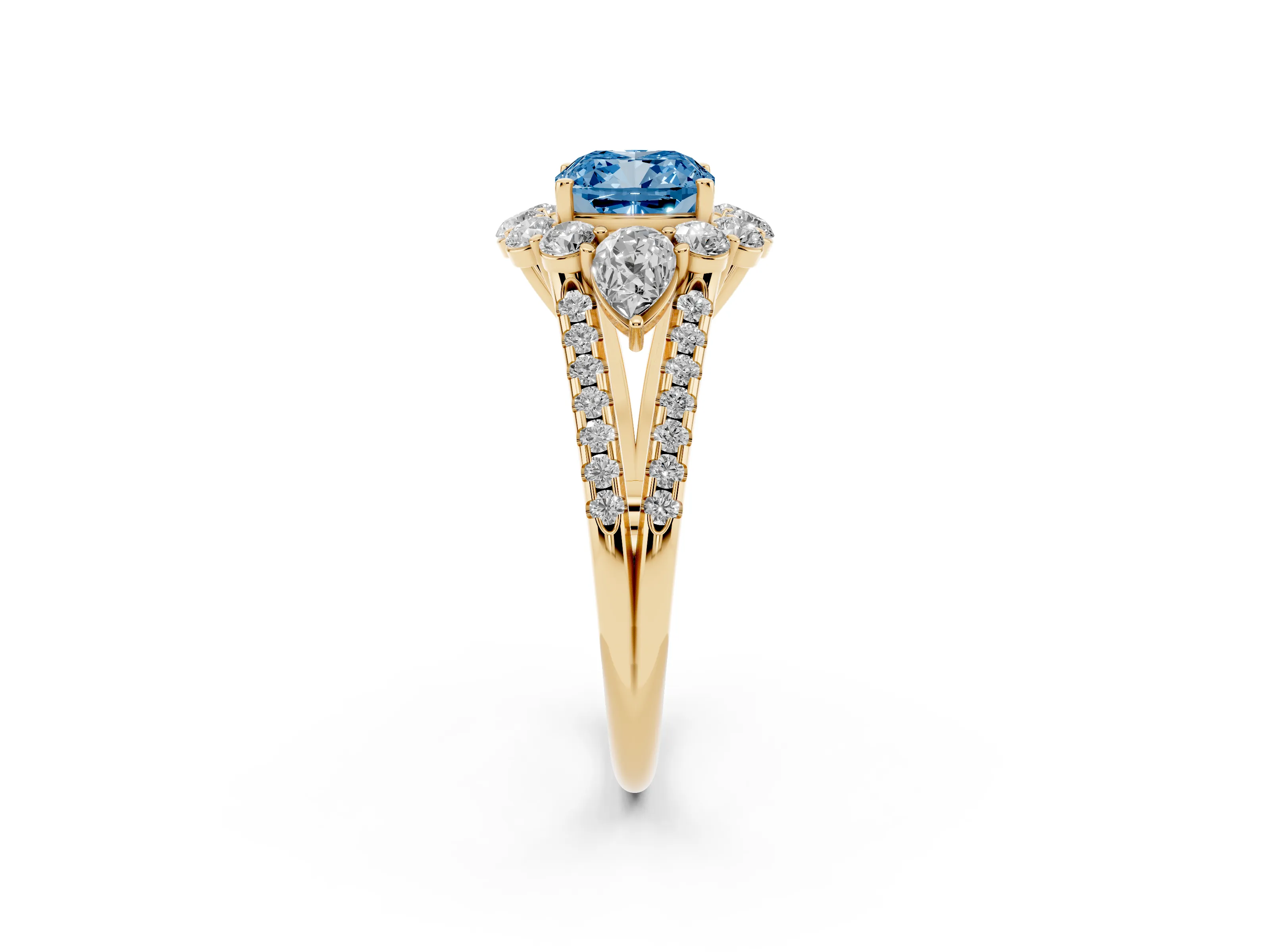 Cushion Cut Scalloped Halo Engagement Ring Setting for a Fancy Blue Lab-Grown Diamond | Pear Side Stones | Yellow Gold