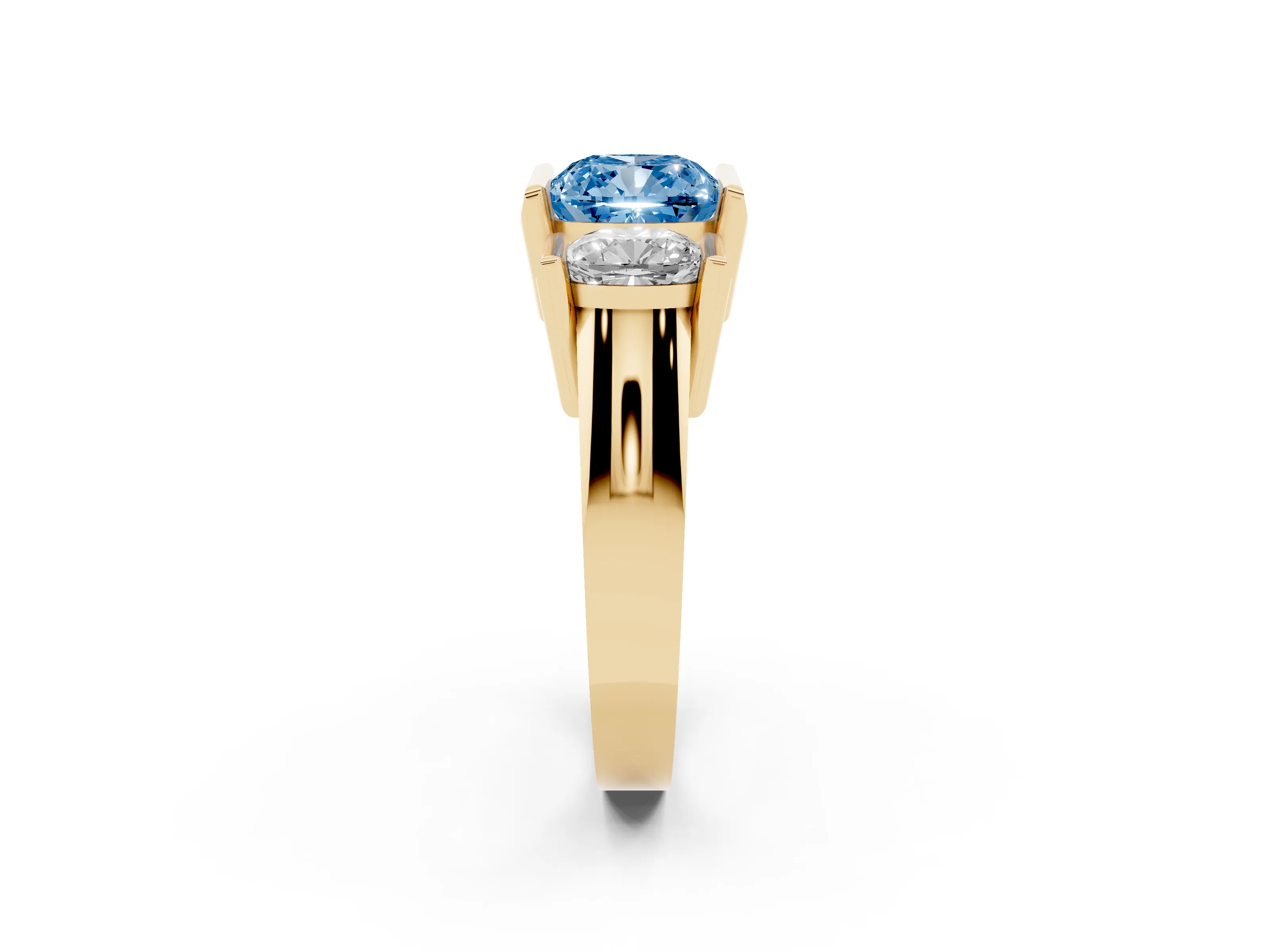 Fancy Blue Cushion Cut Diamond Three-Stone Channel Set Ring Set in Yellow gold with Smooth Polished Band