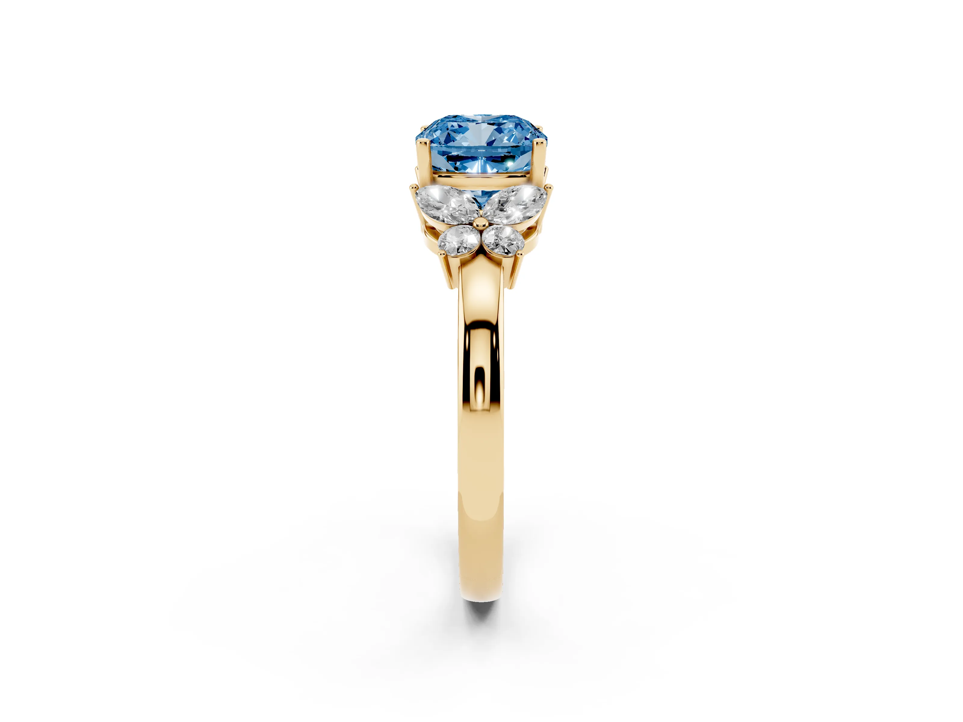 Fancy Blue Cushion Cut Diamond Solitaire Floral Ring Set in Yellow gold with Marquise Petals and Prong Setting