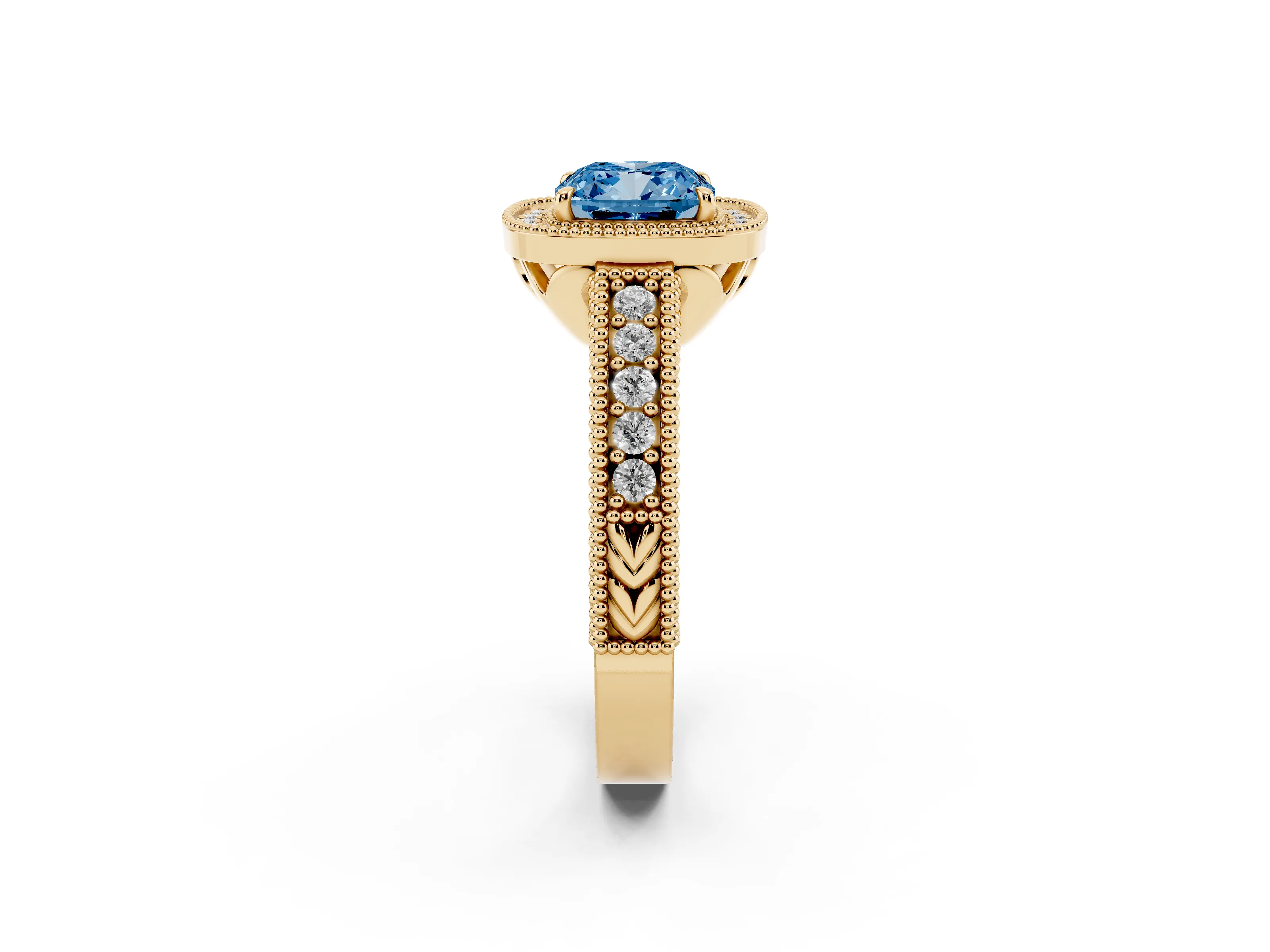 Fancy Blue Cushion Cut Diamond Halo Ring Set in Yellow gold with Round Accent Halo, Pavé Band and Prong Setting