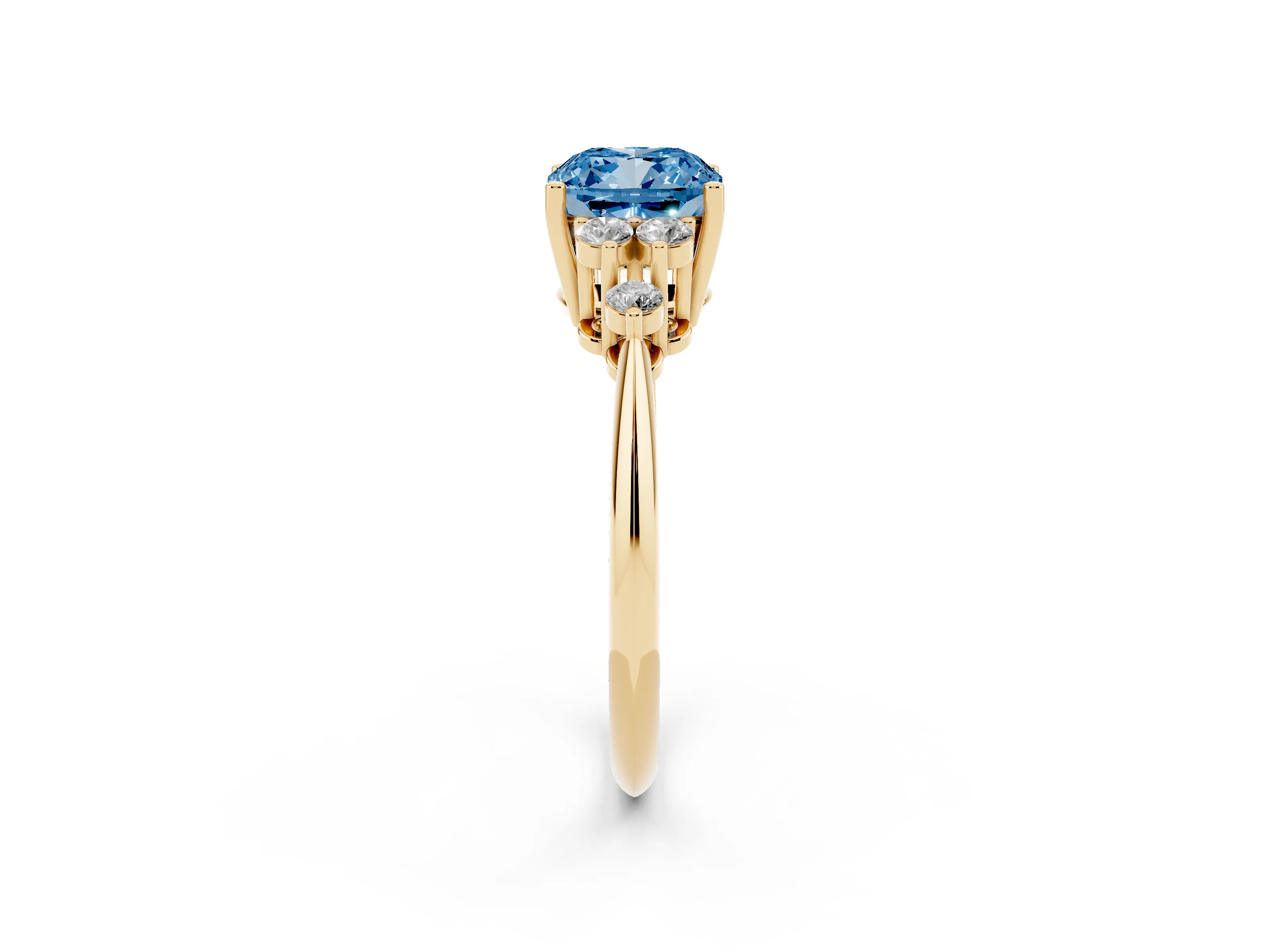 Fancy Blue Cushion Cut Diamond Cluster Ring Set in Yellow gold with Plain Band and Prong Setting