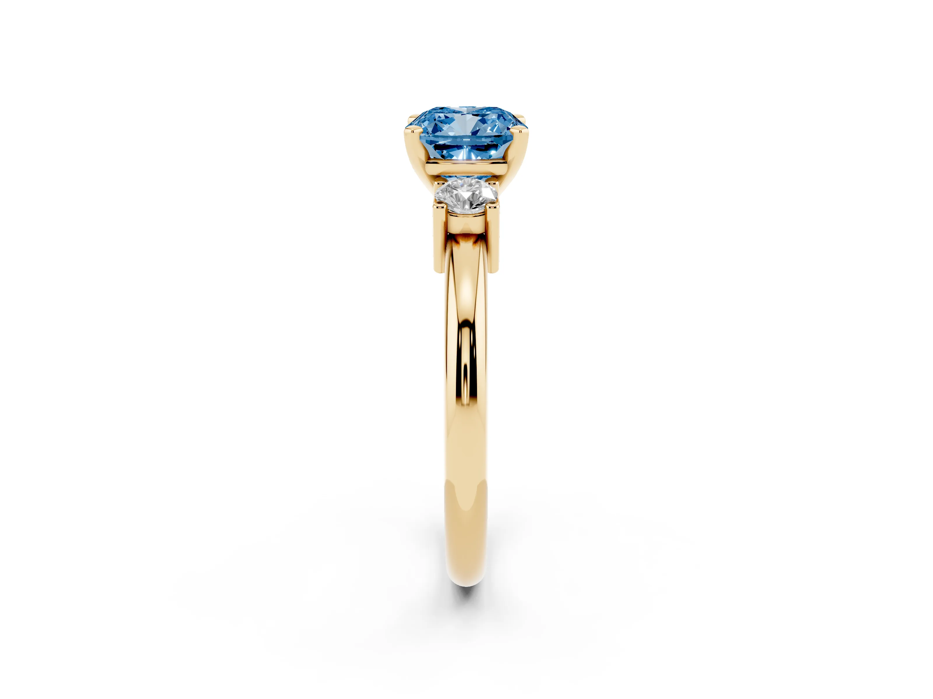 Fancy Blue Three-Stone Cushion Cut Diamond Ring Set in Yellow gold with Prong Setting and Plain Band
