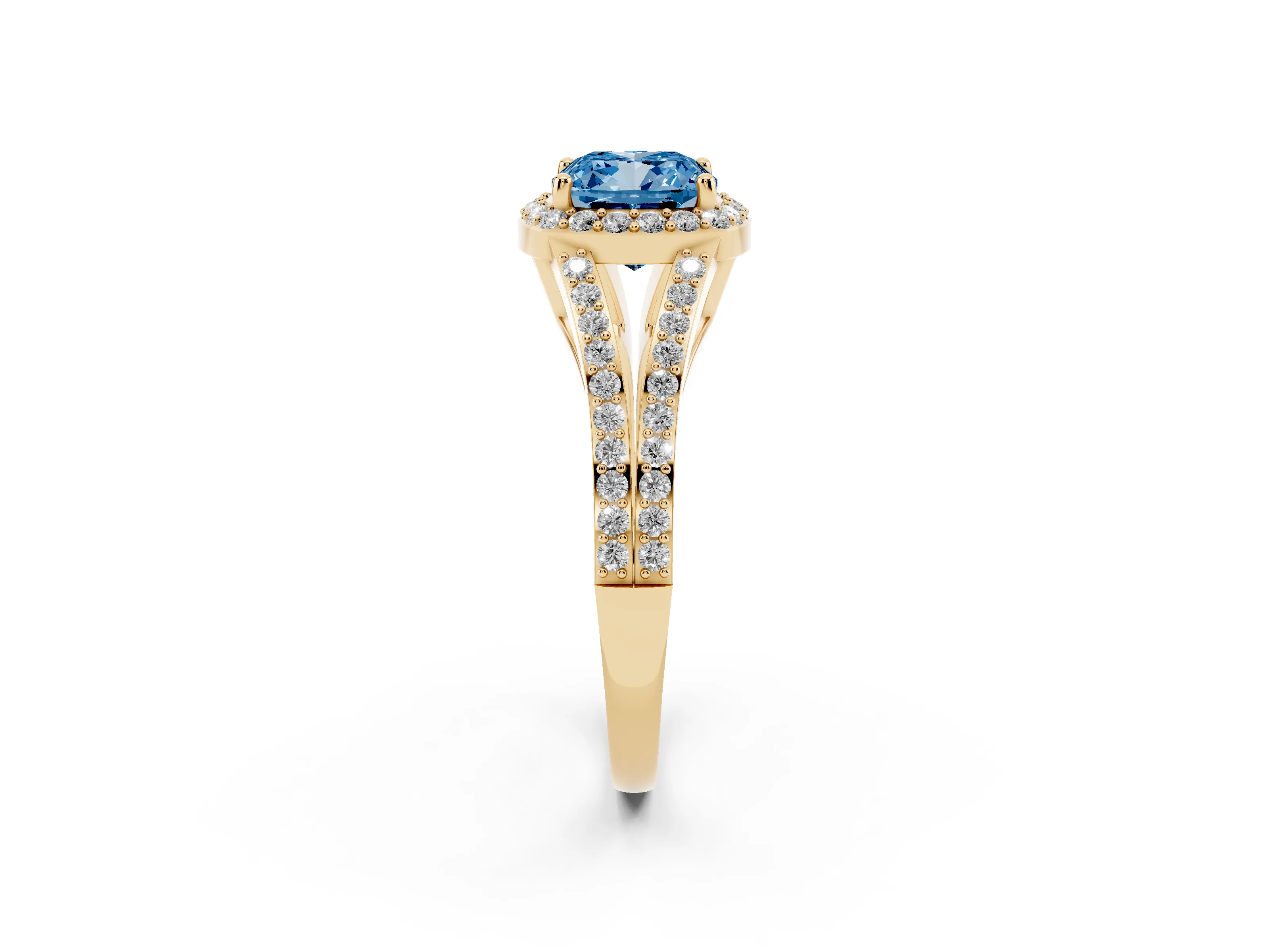 Fancy Blue Cushion Cut Diamond Halo Split Shank Ring Set in Yellow gold with Accent Stones and Prong Setting